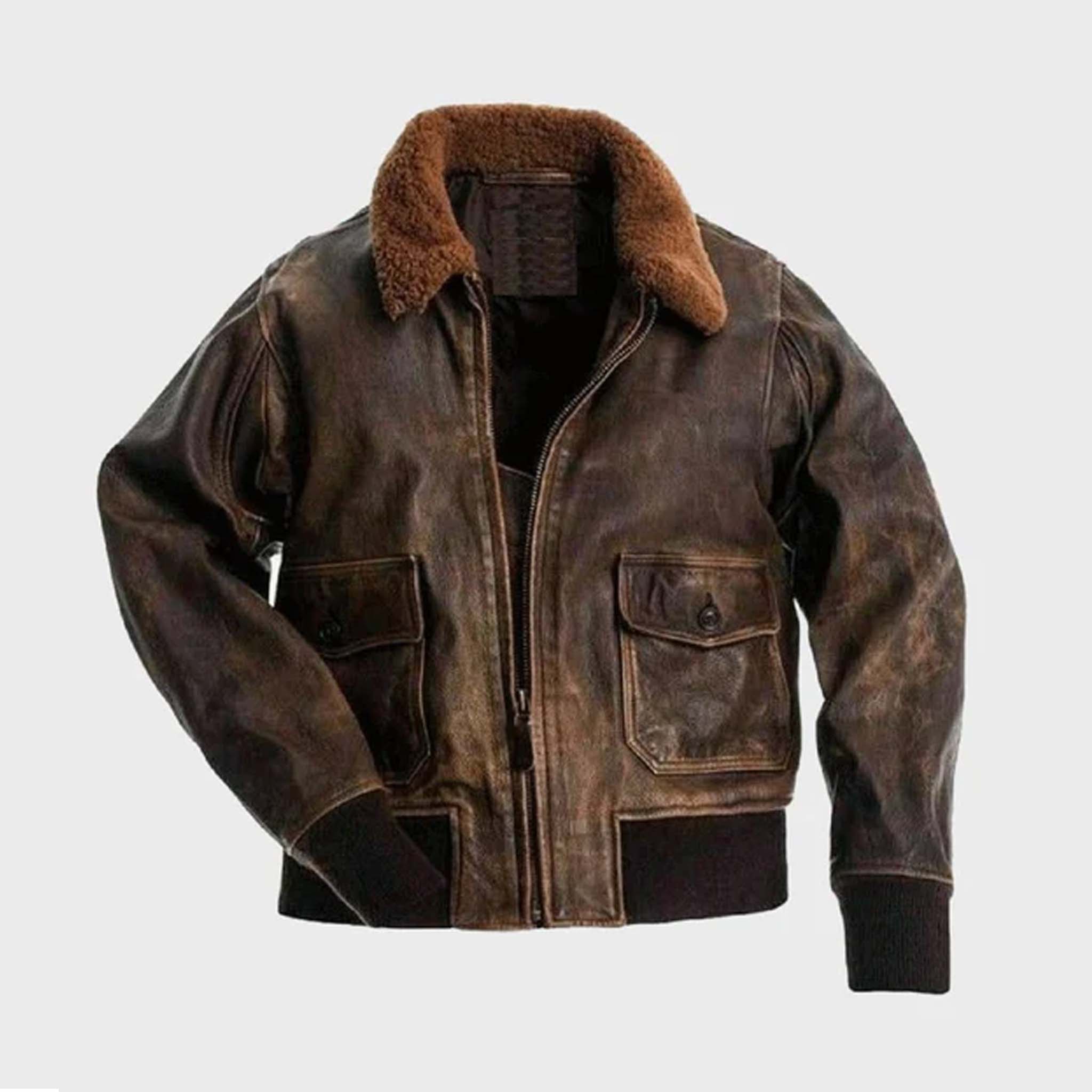 Havron Airforce Bomber Jacket - Distressed Brown Flight Shearling Fur Jacket