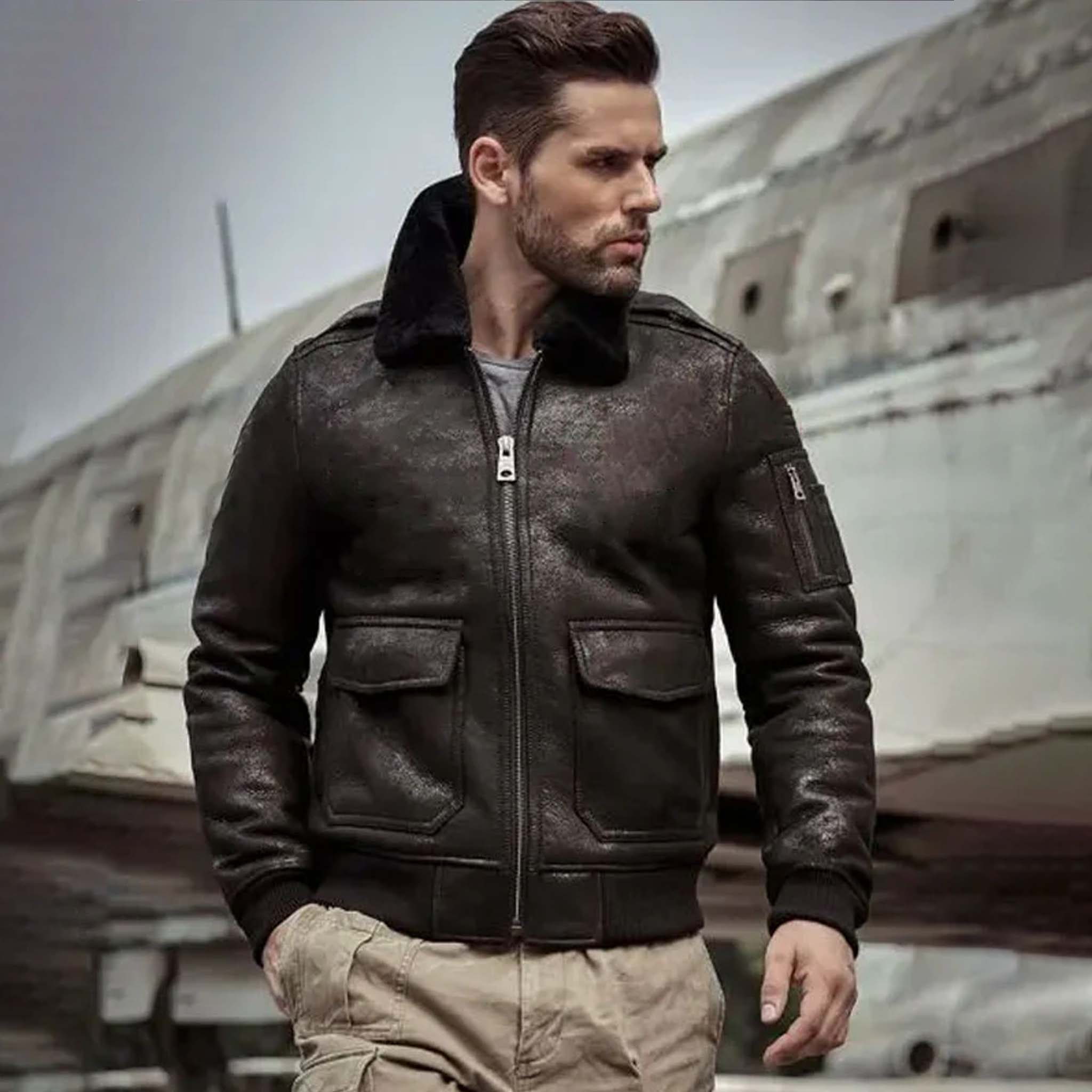 Noxor Distressed Black Jacket - Shearling-Lined Airforce Flight Coat for Men