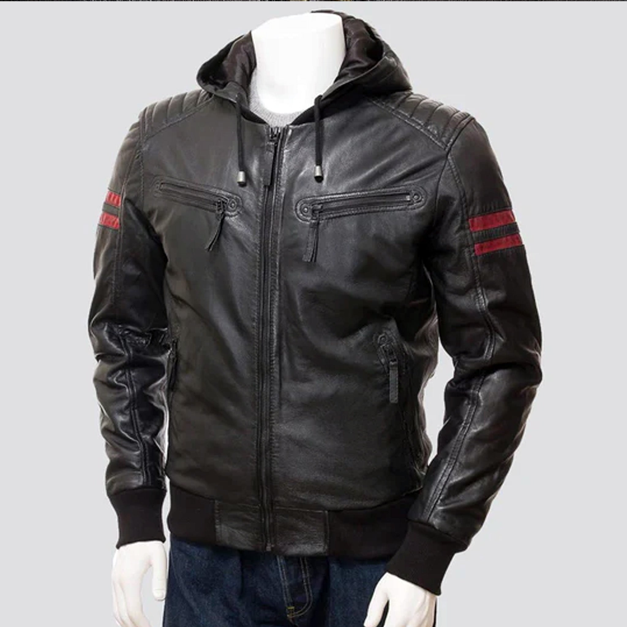 Zed Black Leather Bomber Jacket With Hood