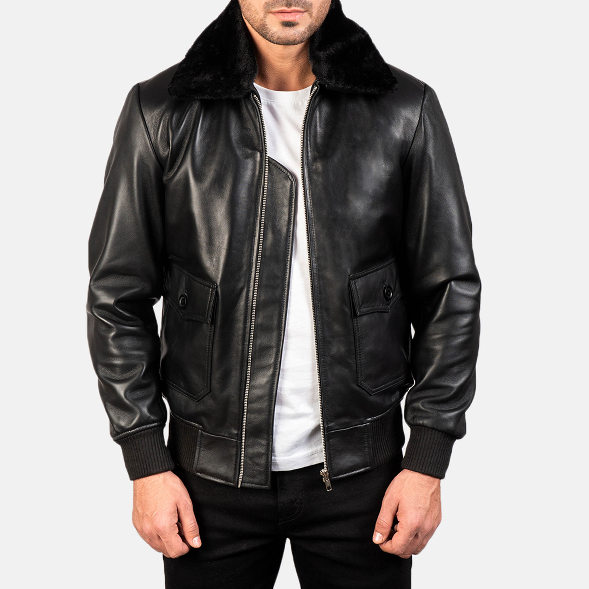 Aarin G-1 Black Leather Bomber Jacket – Shearling Fur Collar for Men