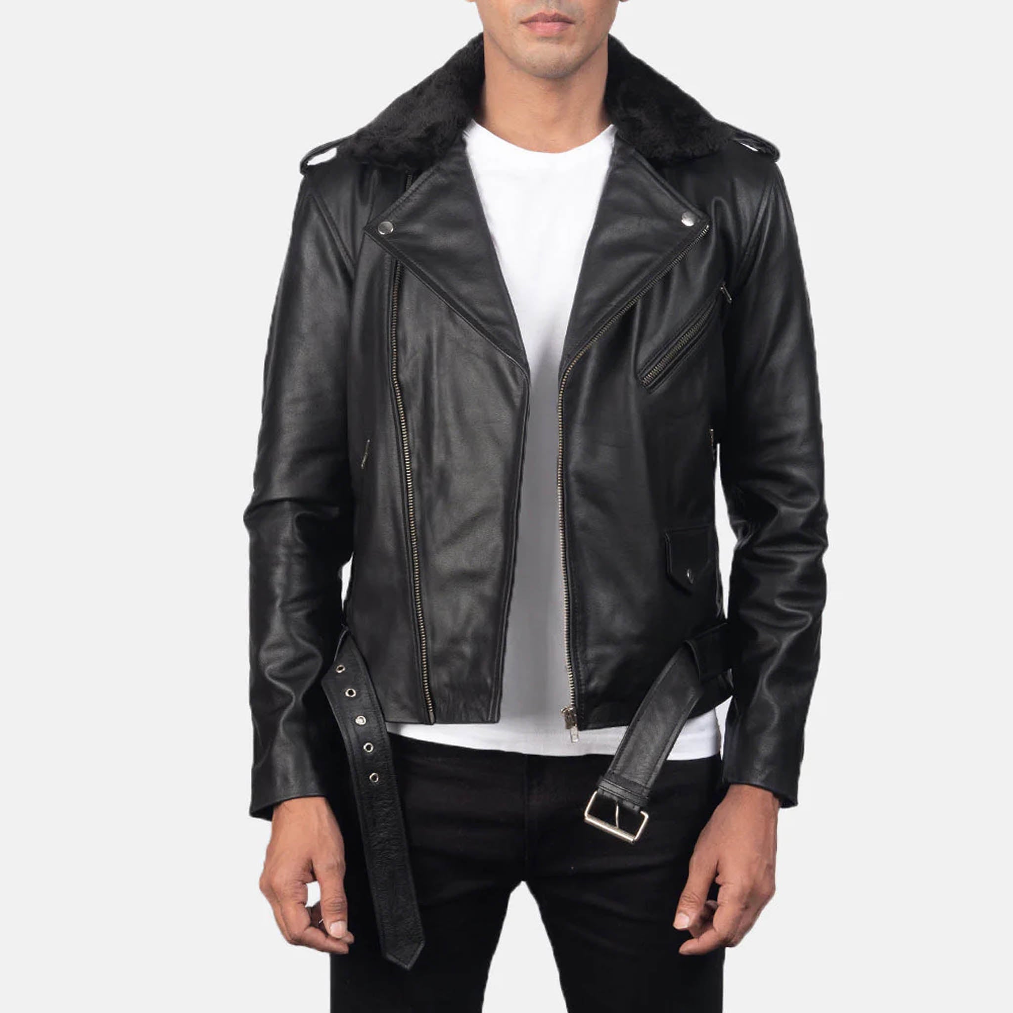 Beckon Black Leather Biker Jacket – Bold, Shearling Fur Collar