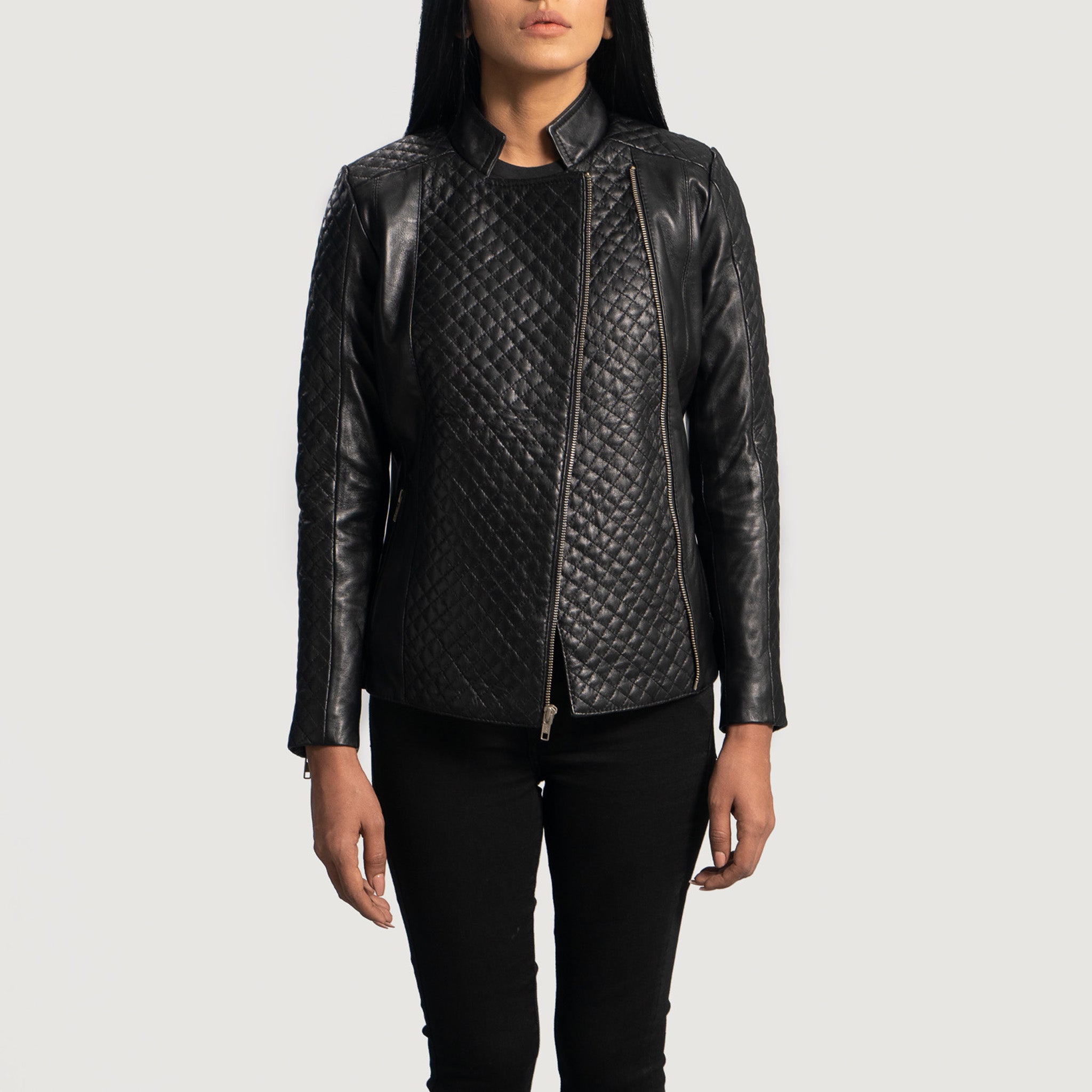 Asia Grain Black Leather Biker Jacket - Quilted Design, Premium Motorcycle Style