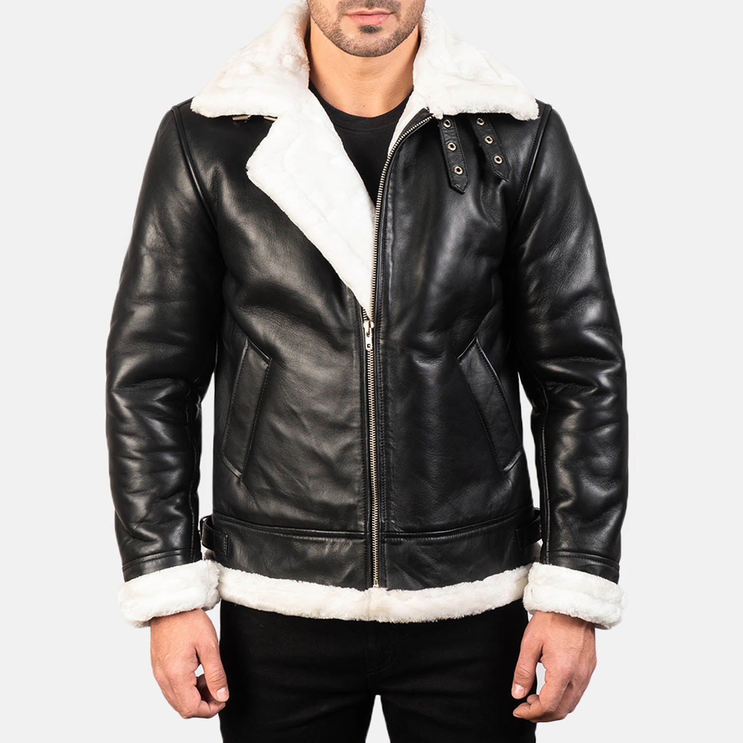 Frances B3 Leather Aviator Jacket – Black & White Shearling Bomber for Men