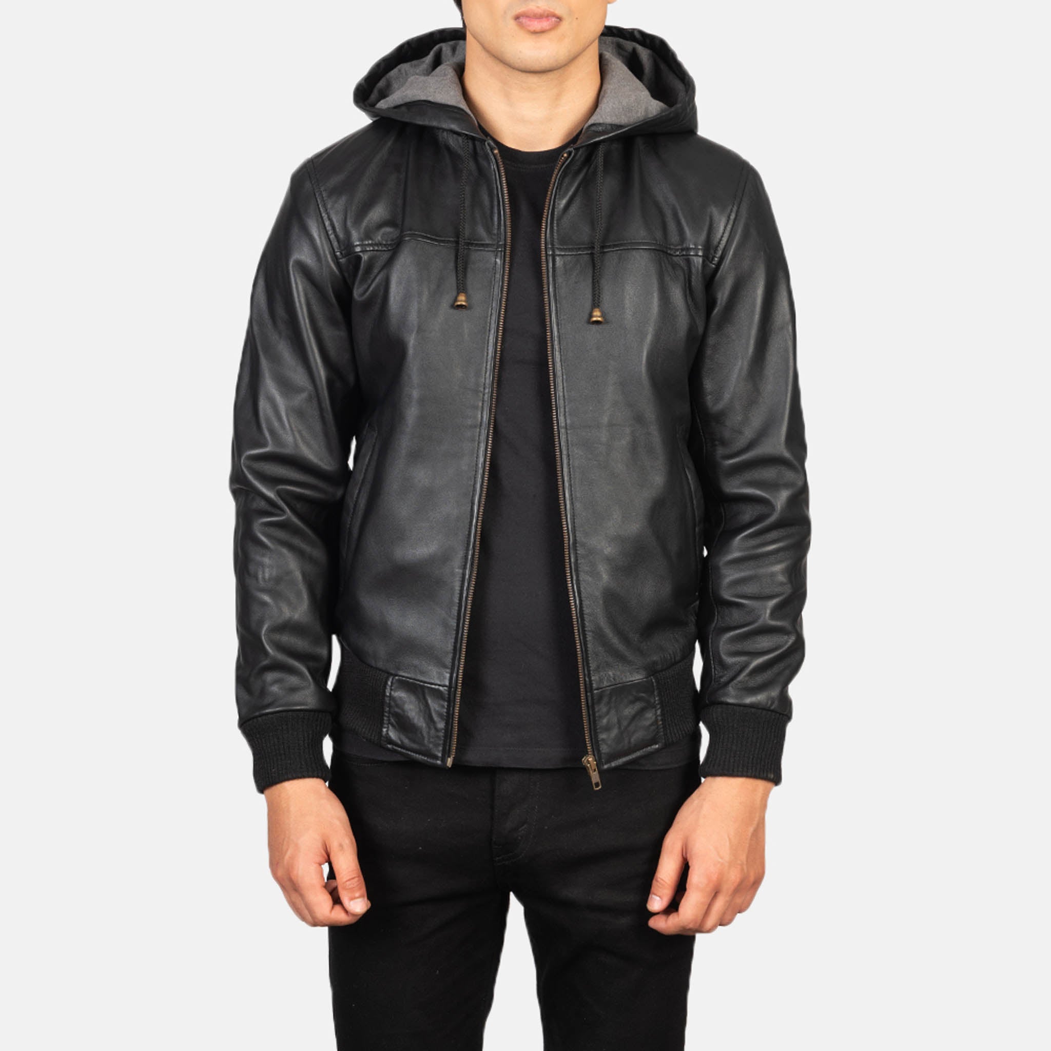 Black leather hooded jacket men's online