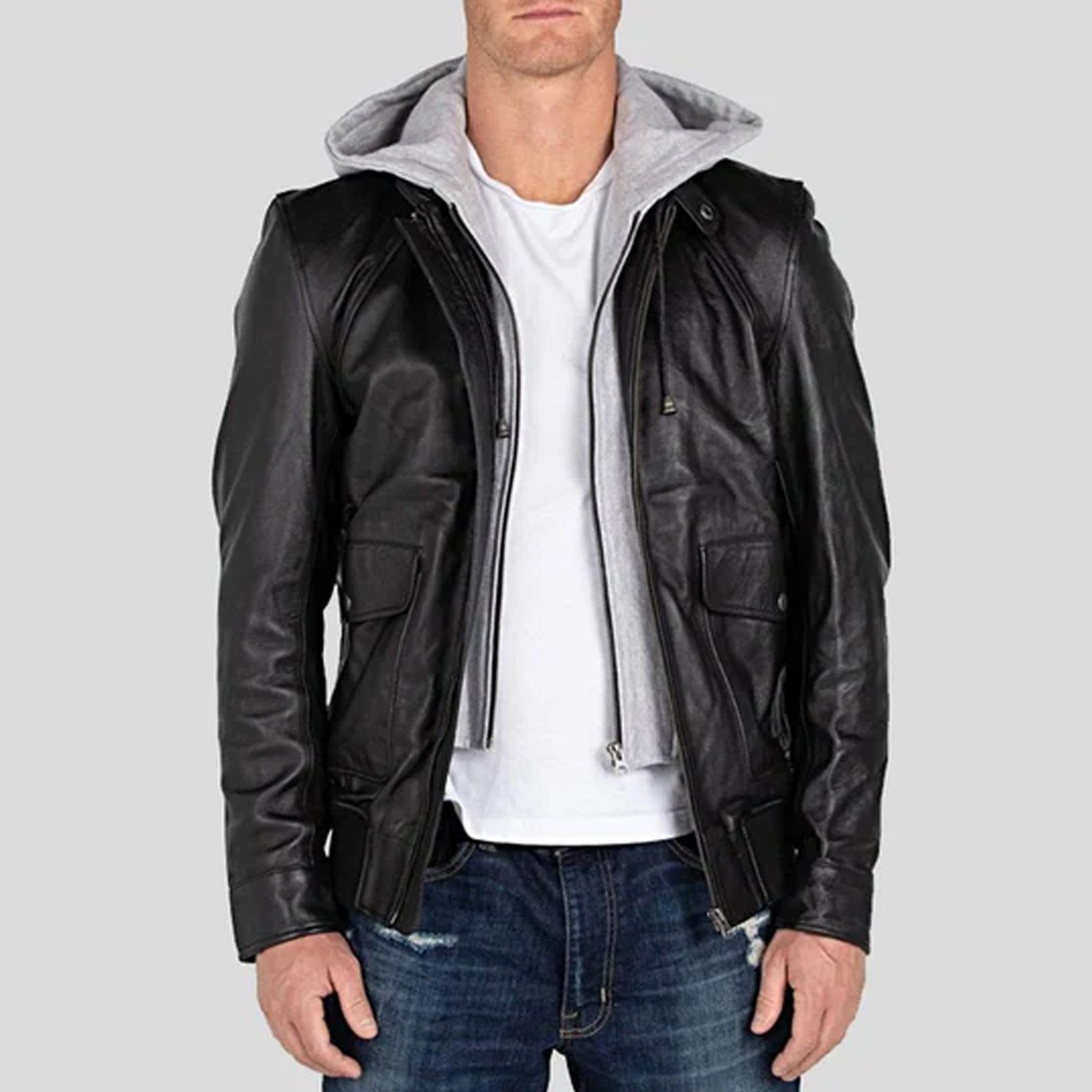 Marco Black Removable Hooded Leather Jacket