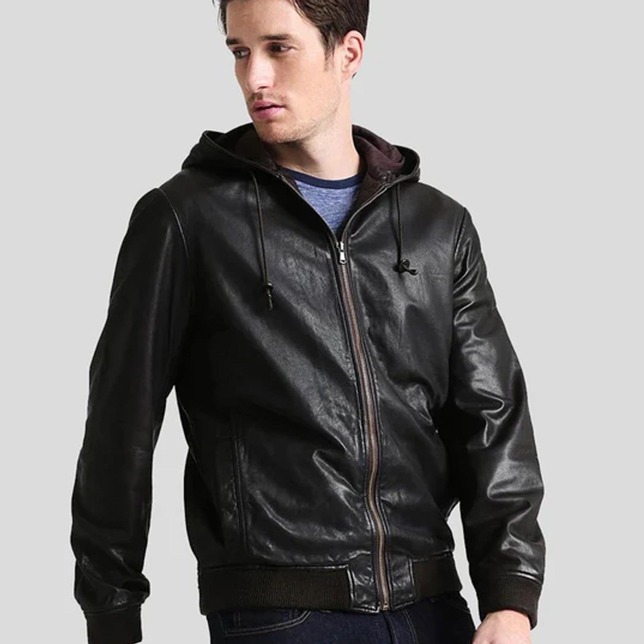 Clay Black Hooded Genuine Leather Jacket