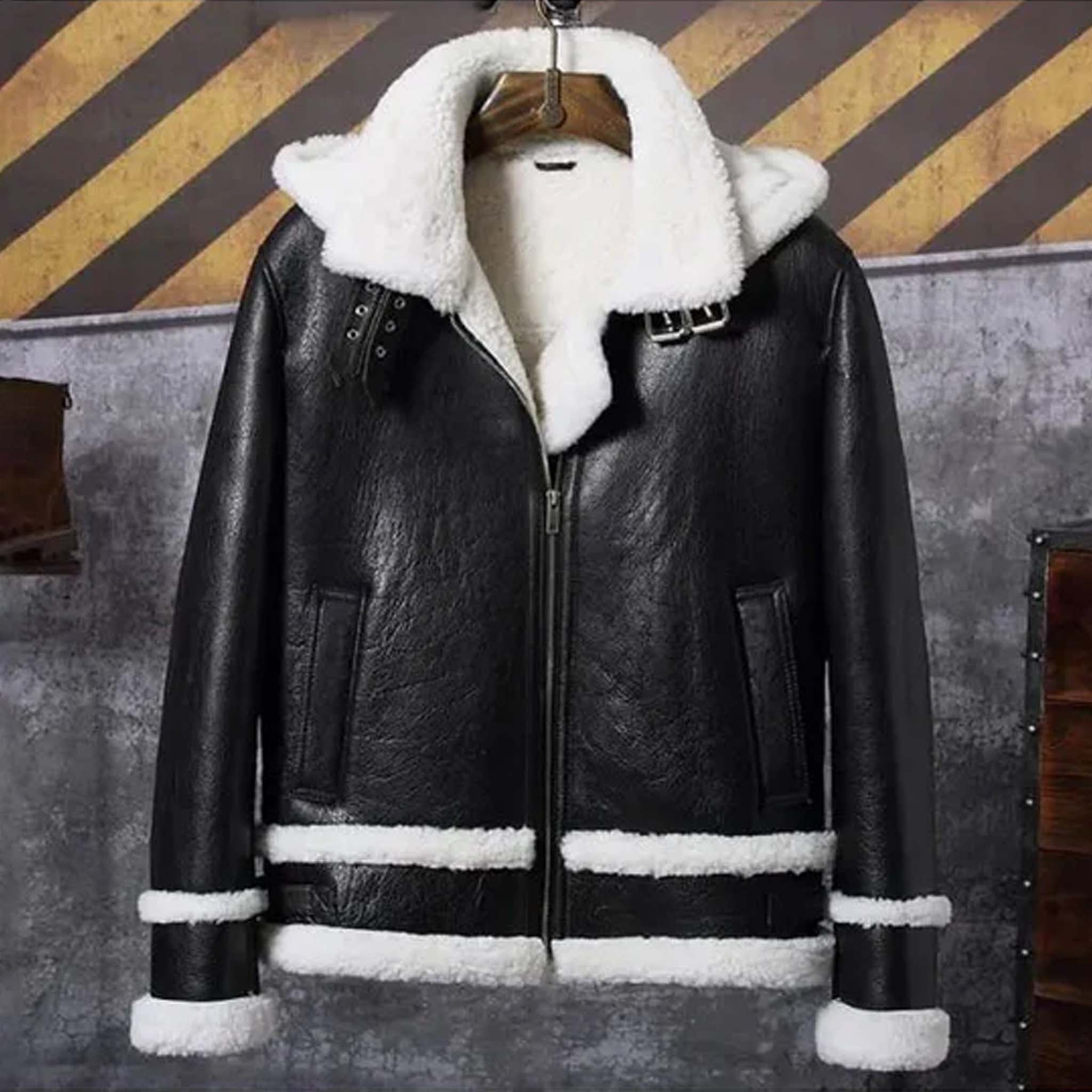 Silvra Sheepskin Leather Jacket - RAF B3 Bomber Black Hooded Short Coat