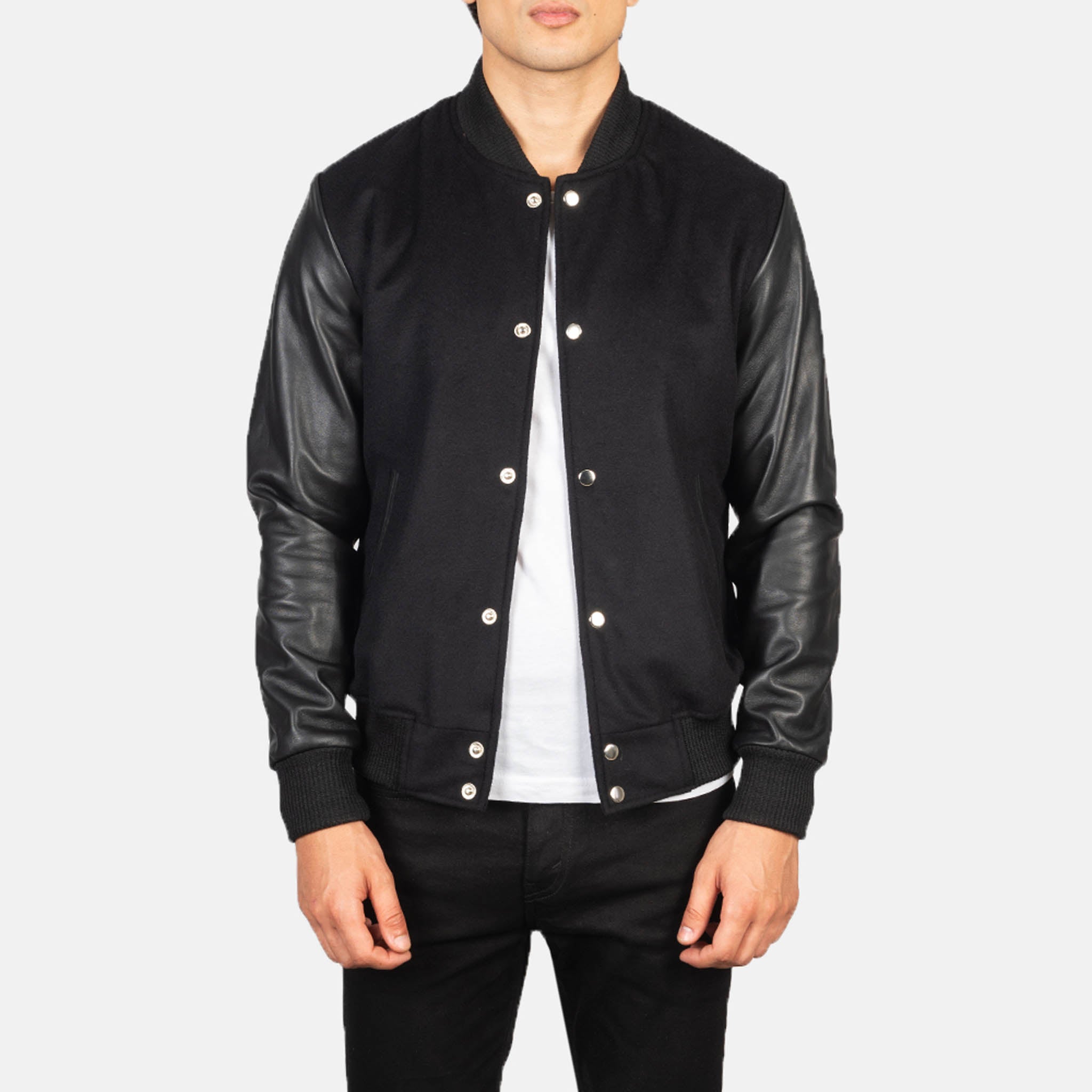 Baxton Hybrid Varsity Jacket – Black Wool & Leather Sleeves Striped Edition