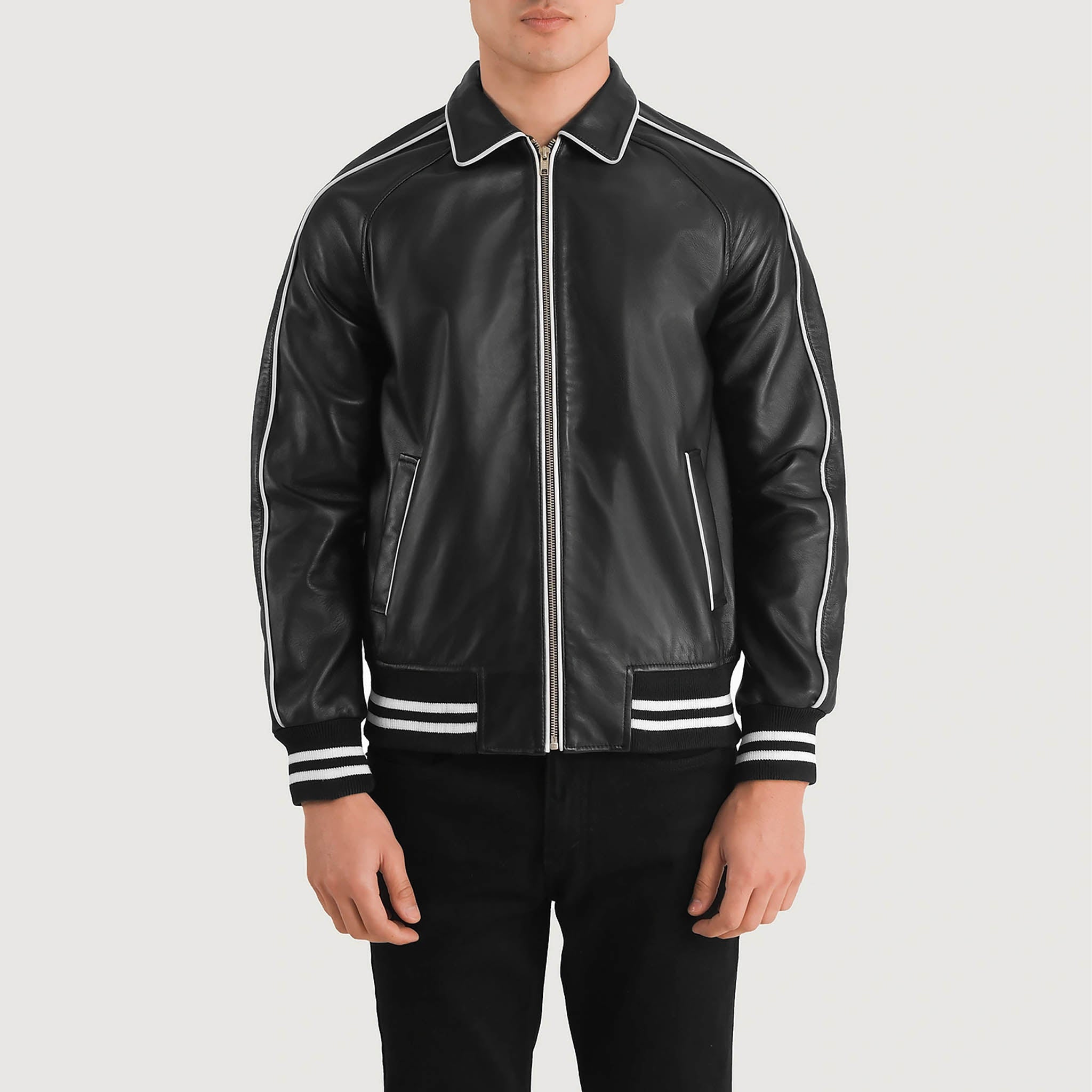 Connor Black Leather Varsity Jacket – Classic College Letterman Tailored Fit