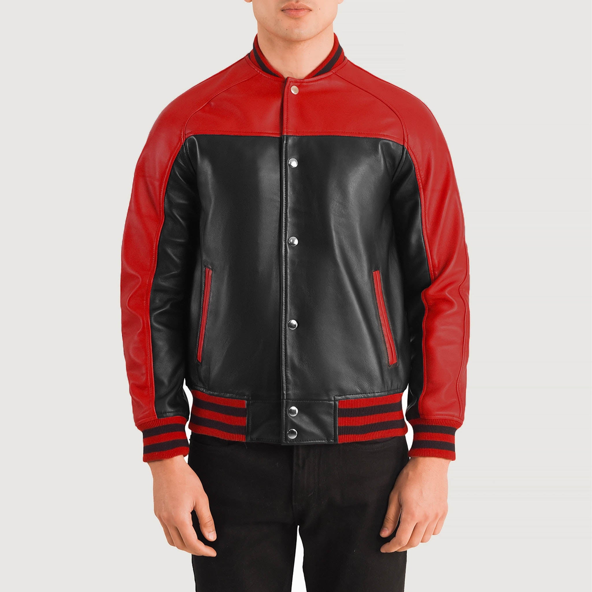 Tristan Leather Varsity Jacket in Black & Red – College Letterman Style