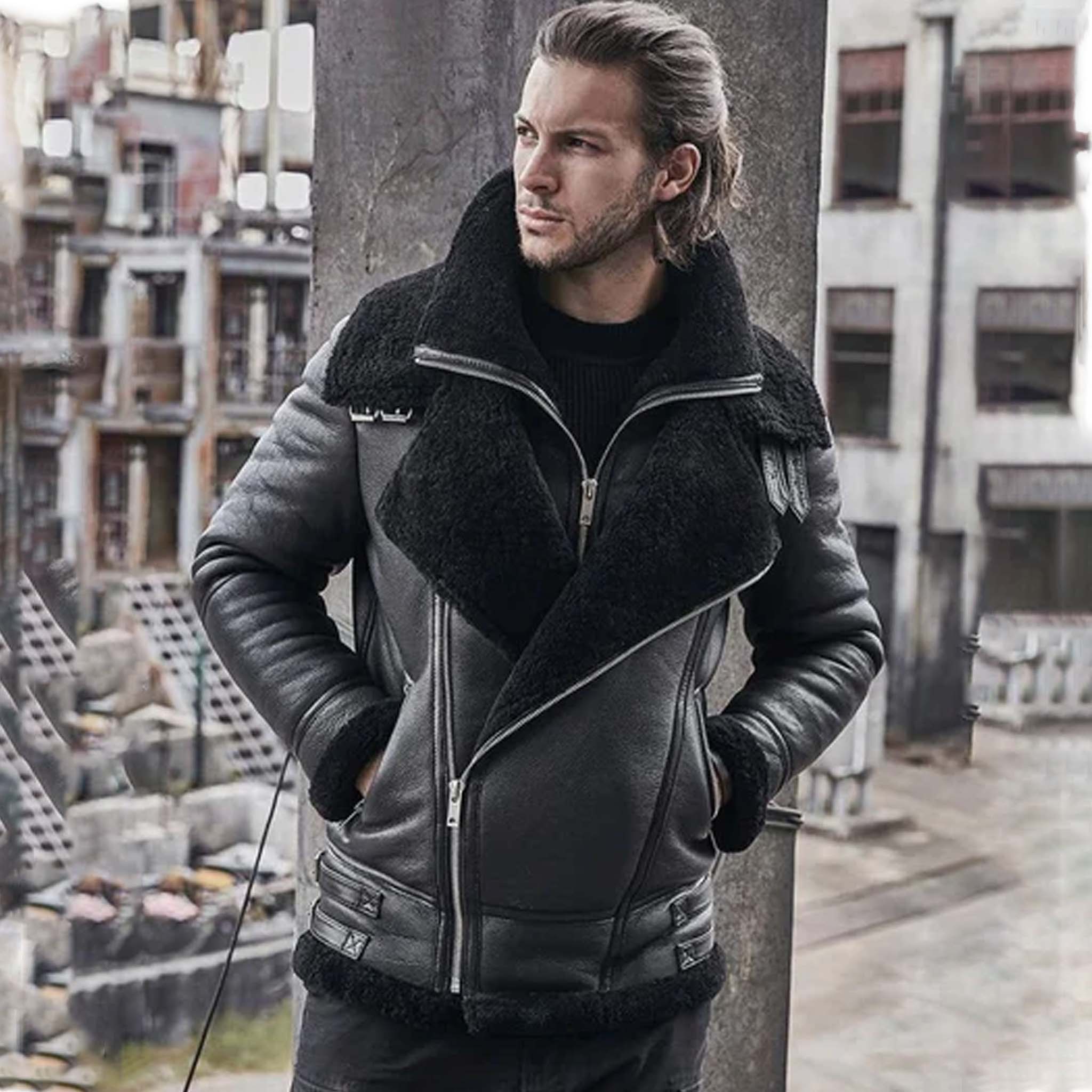 Nivoro Classic B3 Bomber Jacket - Motorcycle Shearling Sheepskin Leather Coat