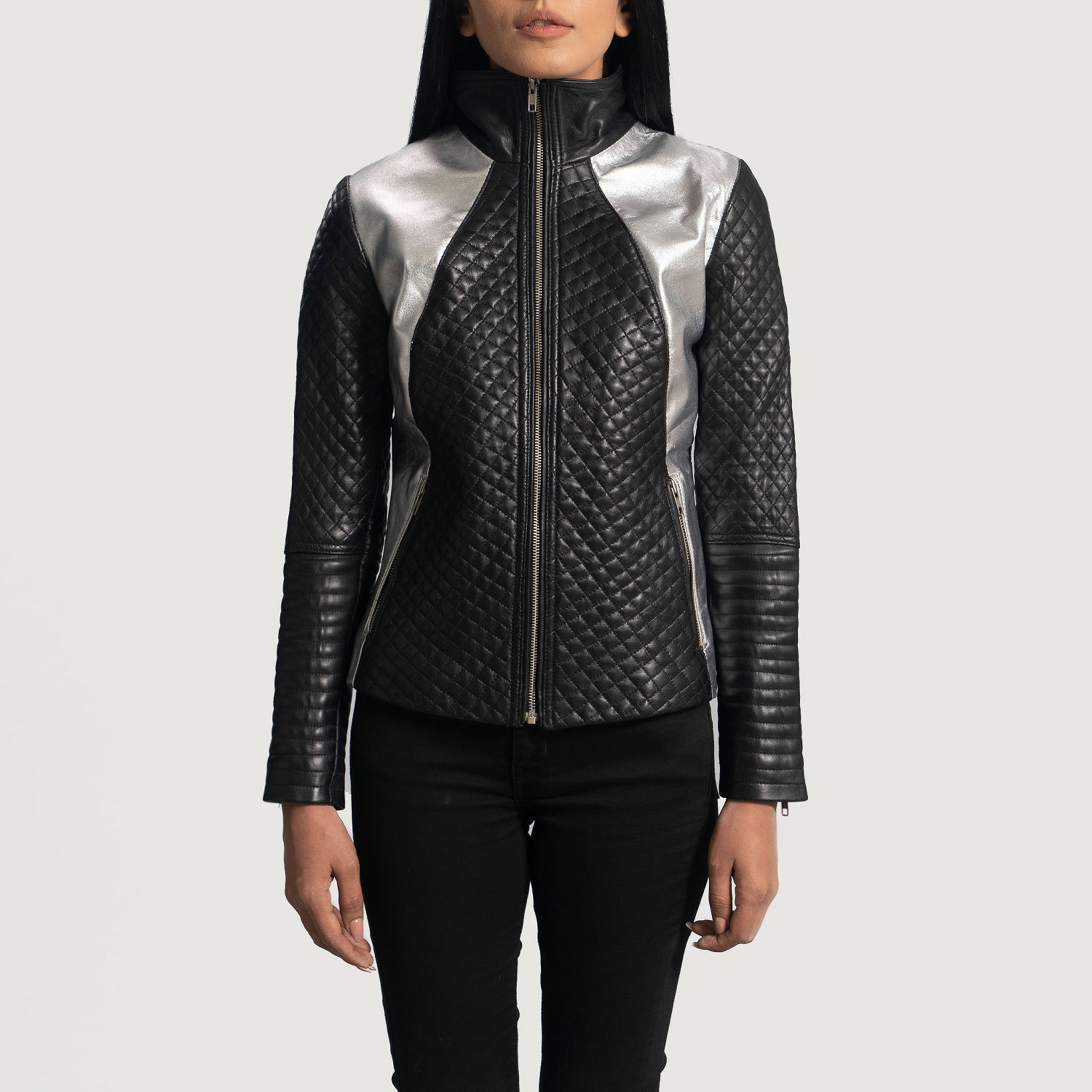 Aria Black Metallic Leather Biker Jacket - Women's Chic Motorcycle Style