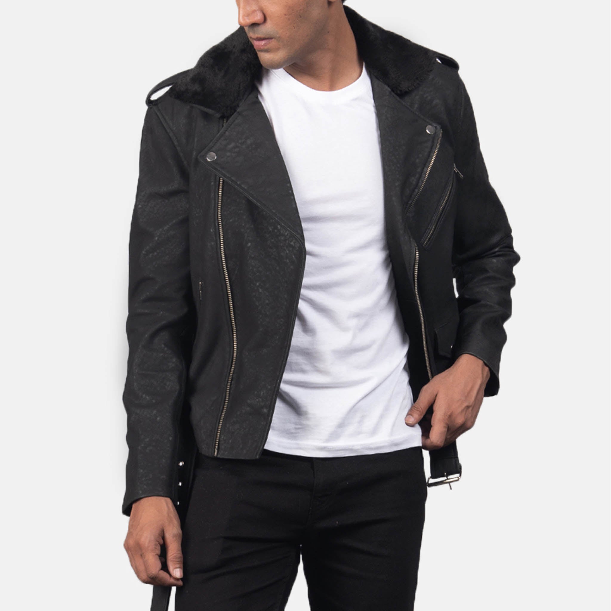 Beckon Distressed Black Leather Biker Jacket – Bold, Shearling Fur Collar