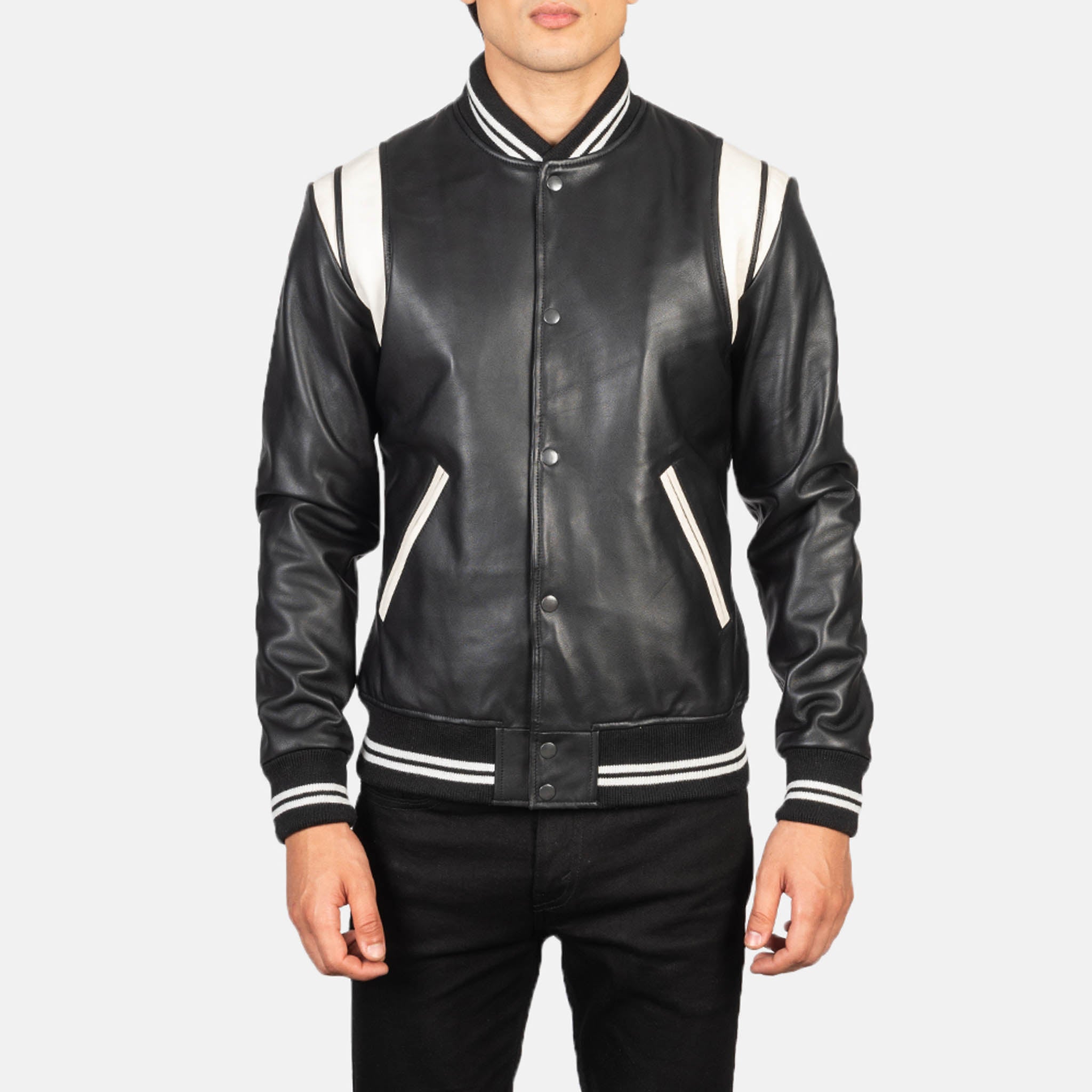 Damian Black Leather Varsity Jacket – Classic College Letterman Tailored Fit