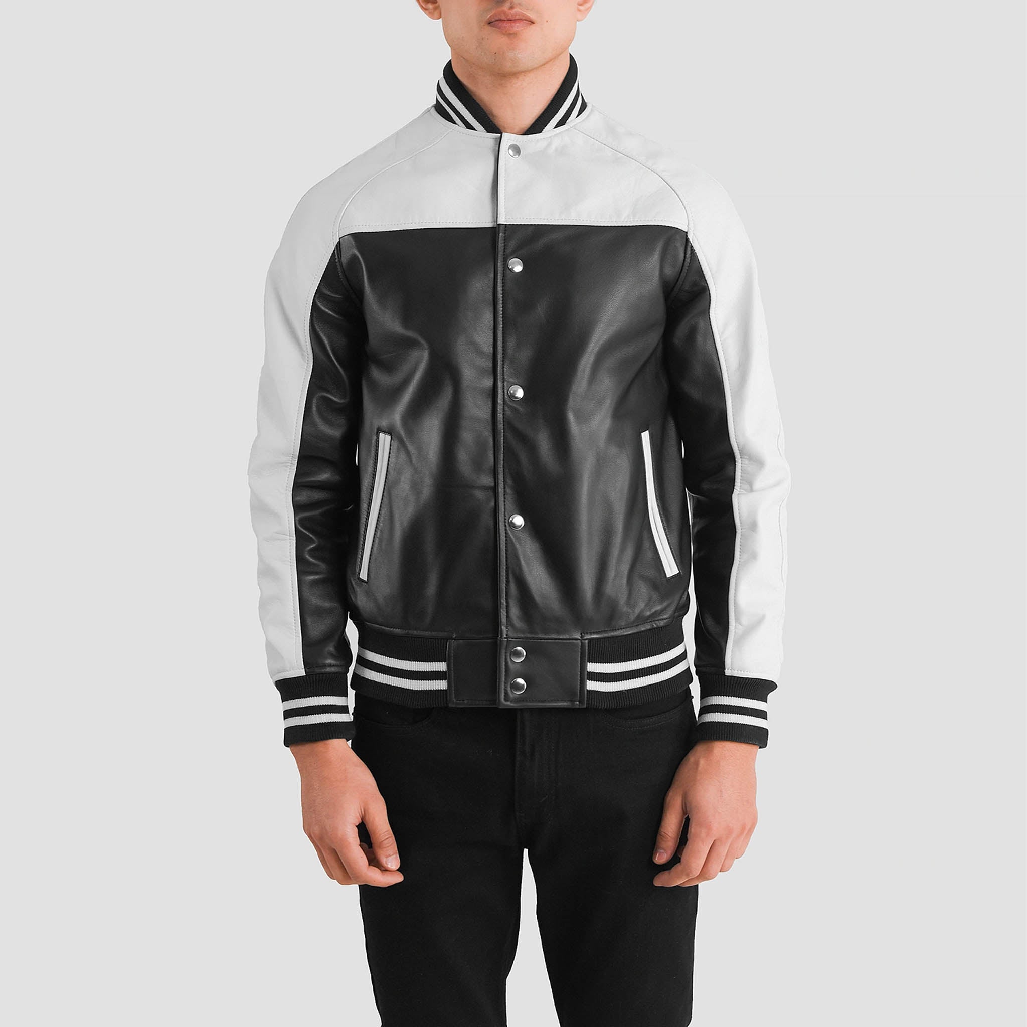 Tristan Leather Varsity Jacket in Black & White – College Letterman Style