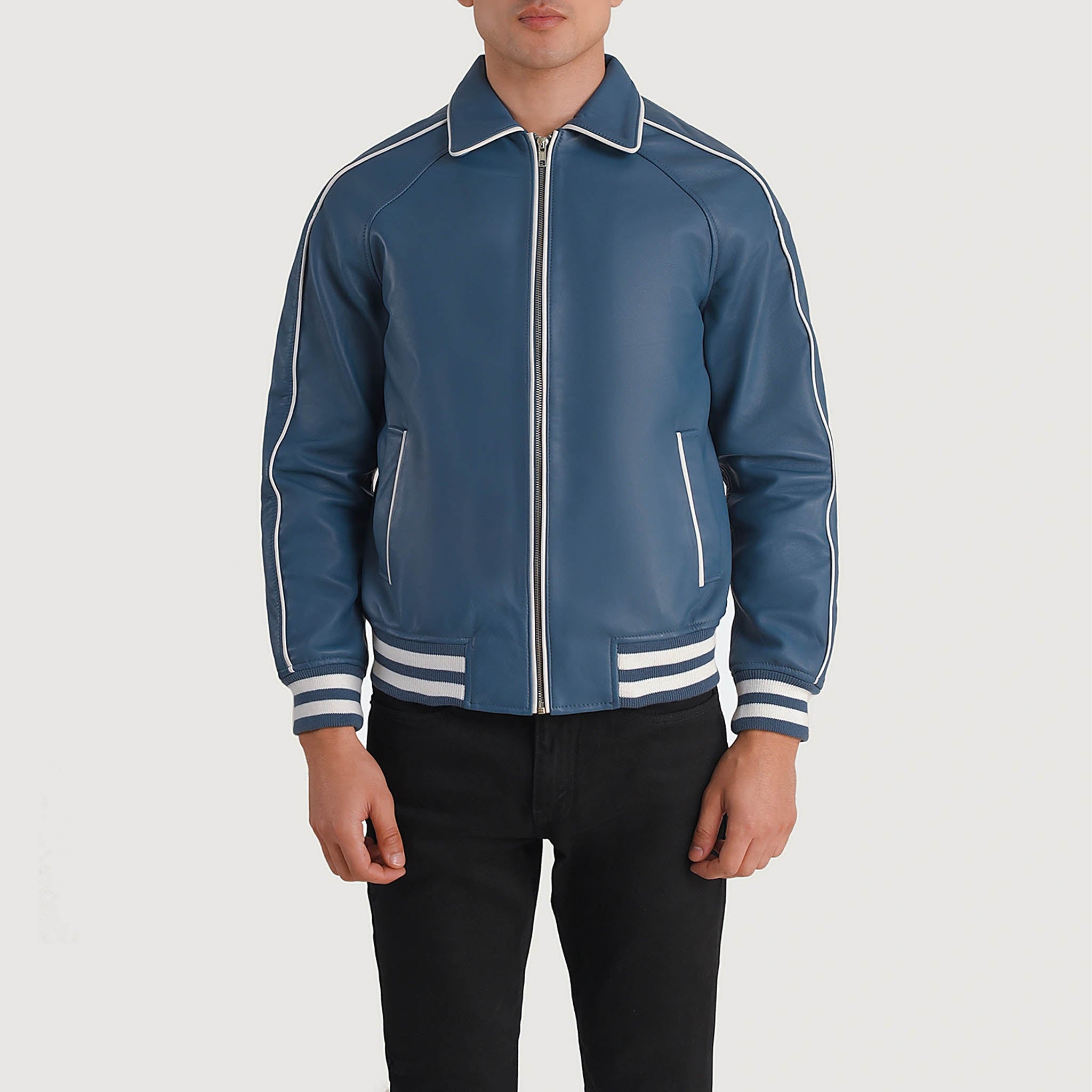 Connor Blue Leather Varsity Jacket – Classic College Letterman Tailored Fit