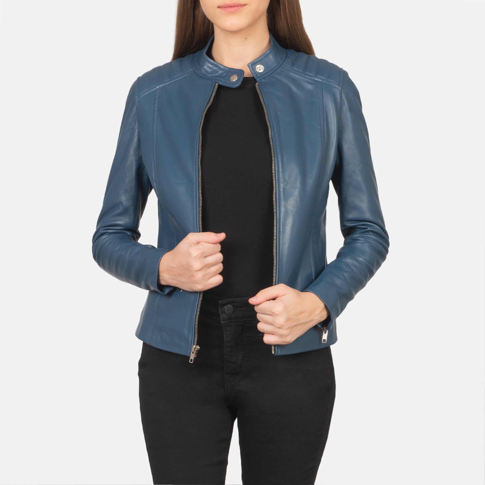 Kelsey Blue Leather Biker Jacket - Classic Motorcycle Style