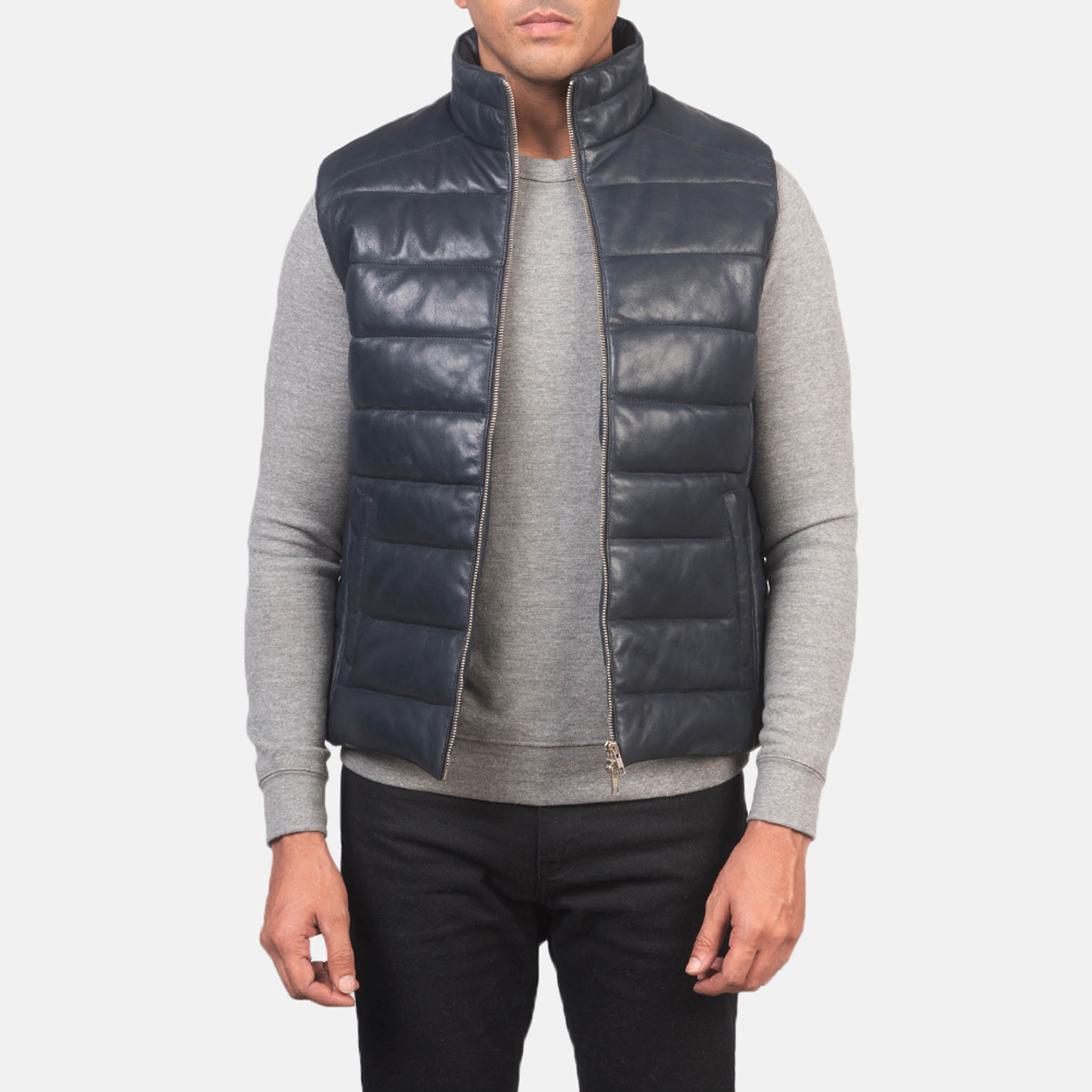 Men’s Reece Blue Leather Puffer Vest – Stylish Quilted Warmth