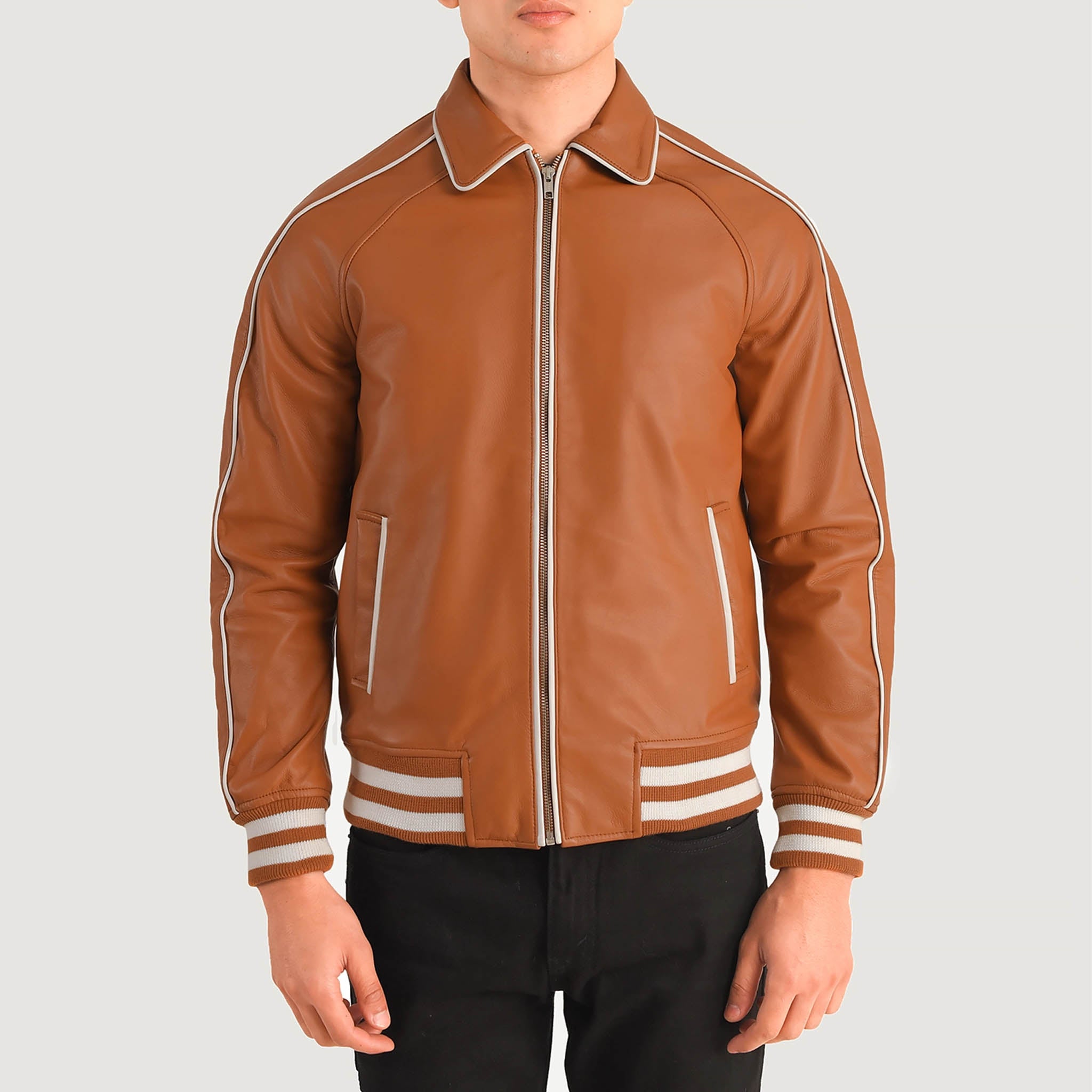 Connor Gold Brown Leather Varsity Jacket – Classic College Letterman Tailored Fit