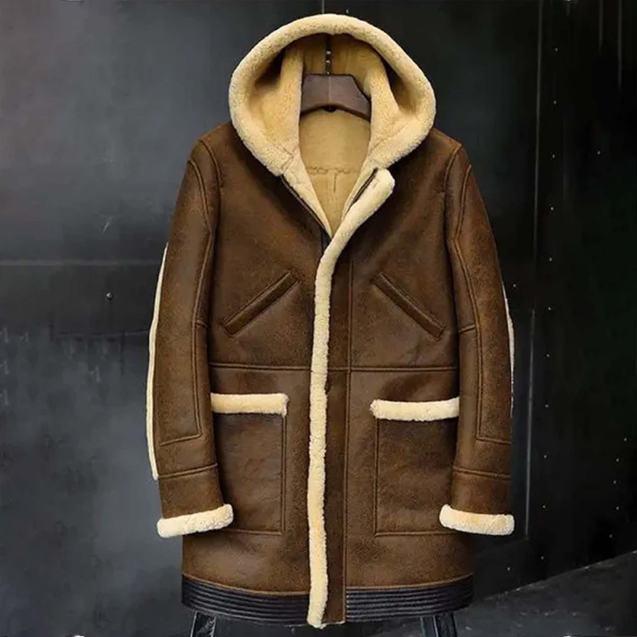 Ravix Hooded Shearling Coat - Men's Leather Bomber Jacket Style