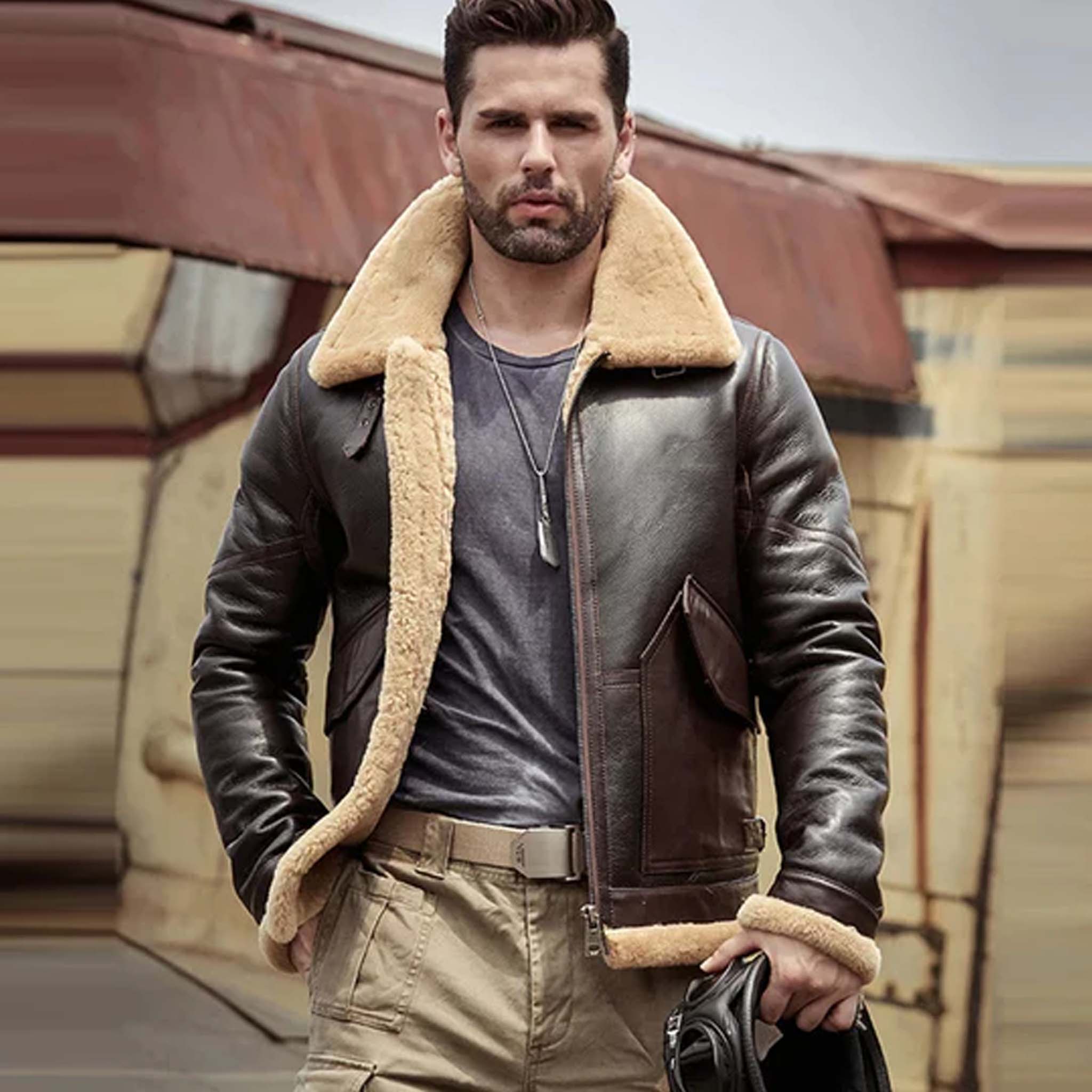 Men's RAF Aviator Shearling Jacket - Classic Brown Airforce Leather Jacket