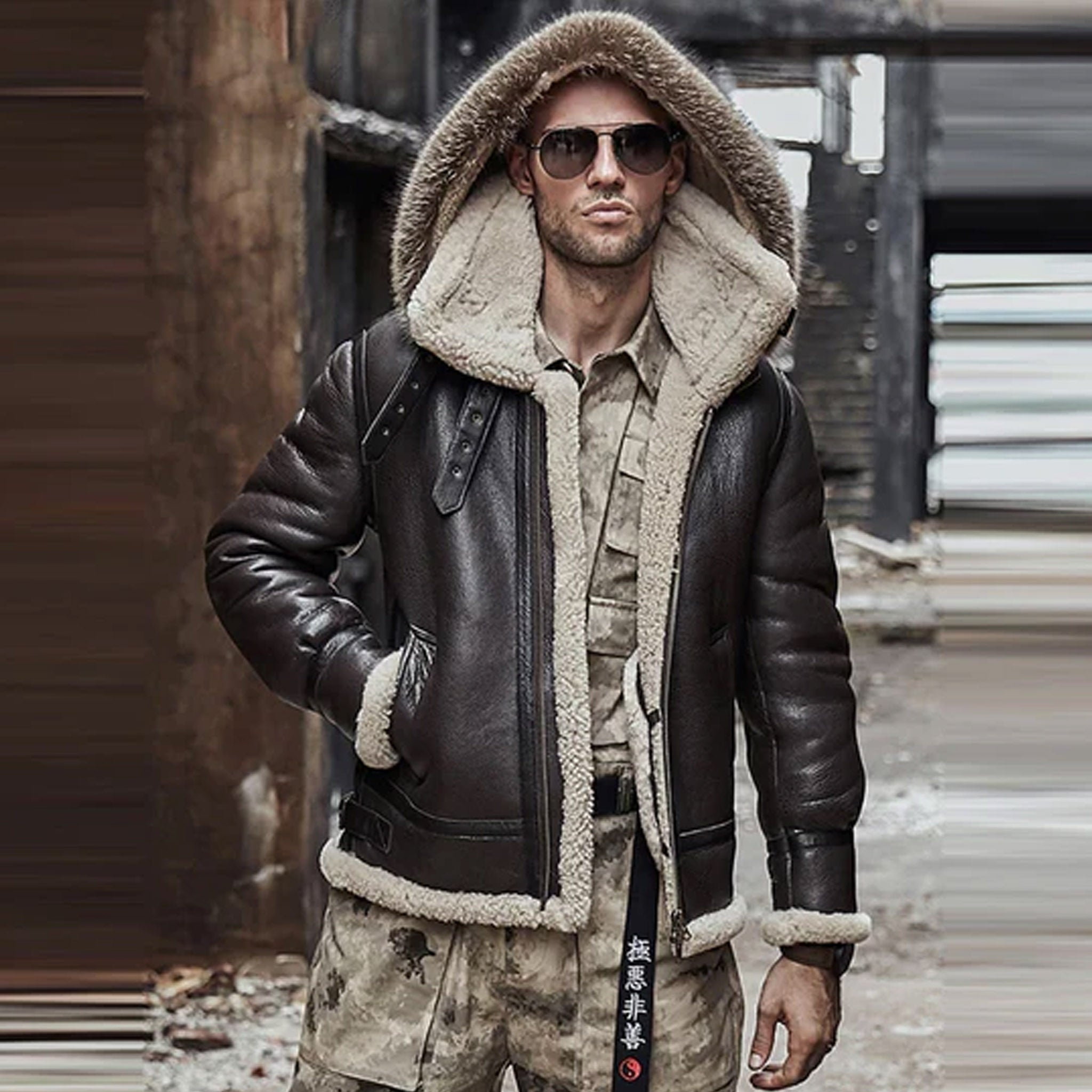 Men's Brown Hooded B3 RAF Aviator Jacket - Sheepskin Shearling Leather Coat