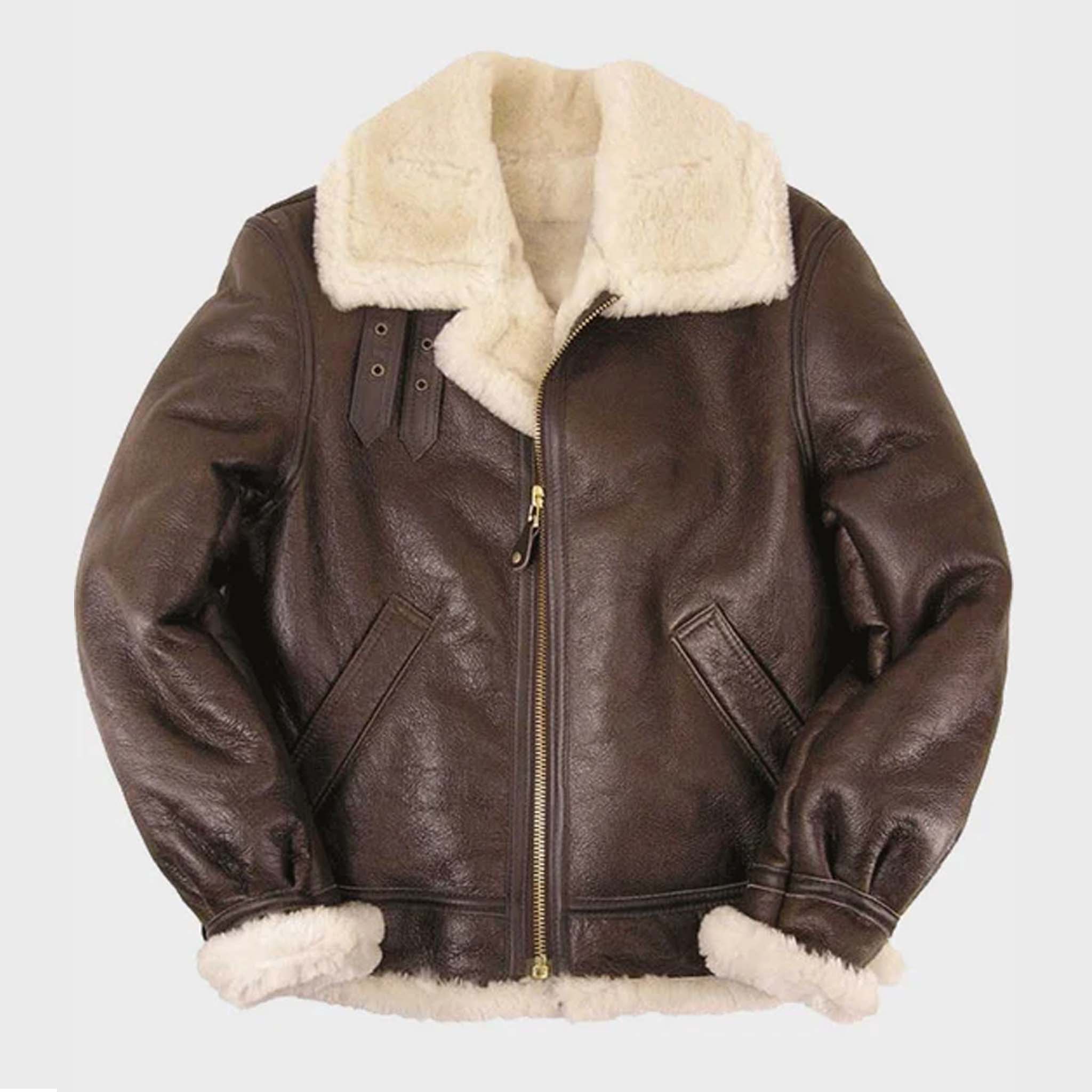 Wolfen Men’s B3 RAF Bomber Jacket - Brown Sheepskin Leather Aviator Coat