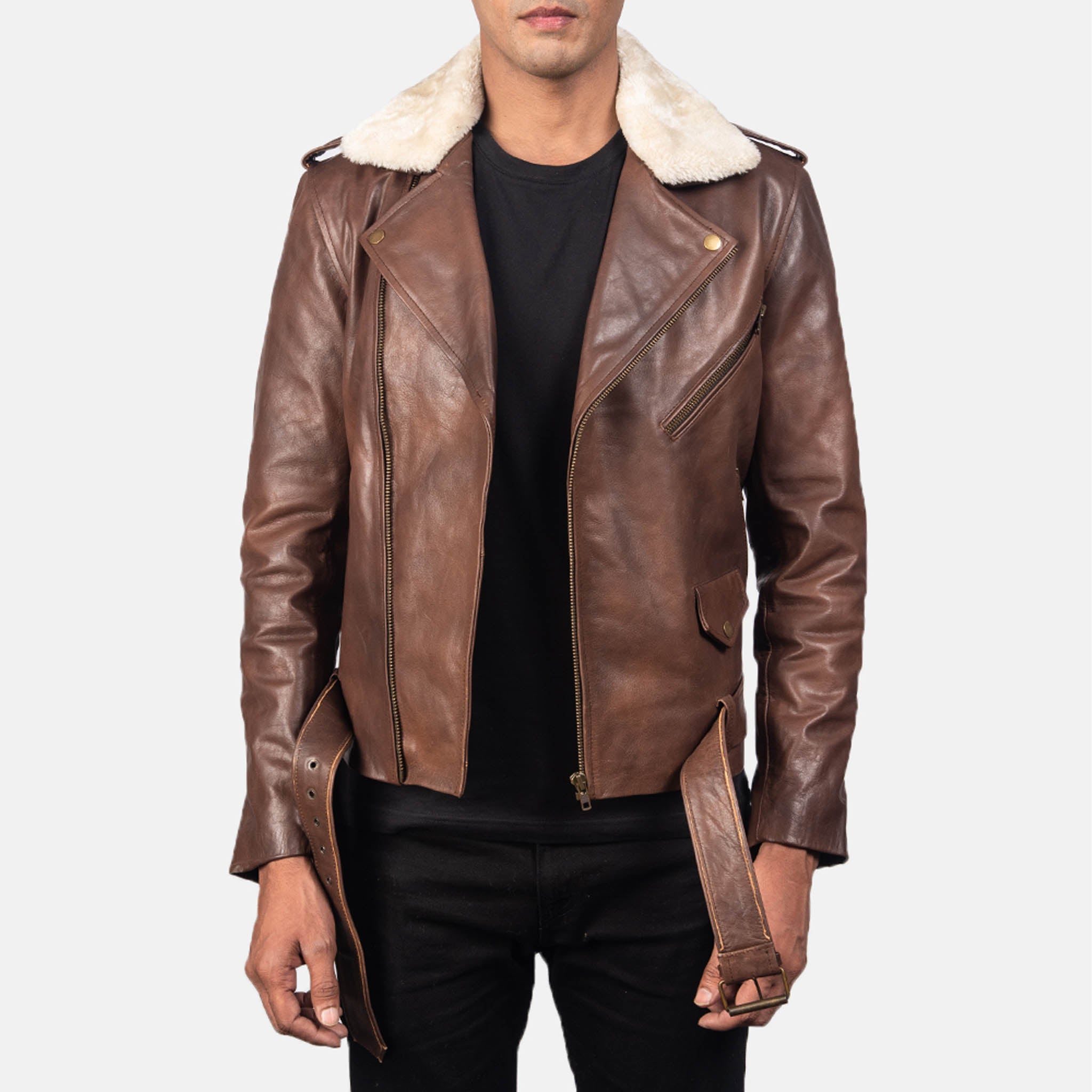 Beckon Brown Leather Biker Jacket – Bold, Shearling Fur Collar