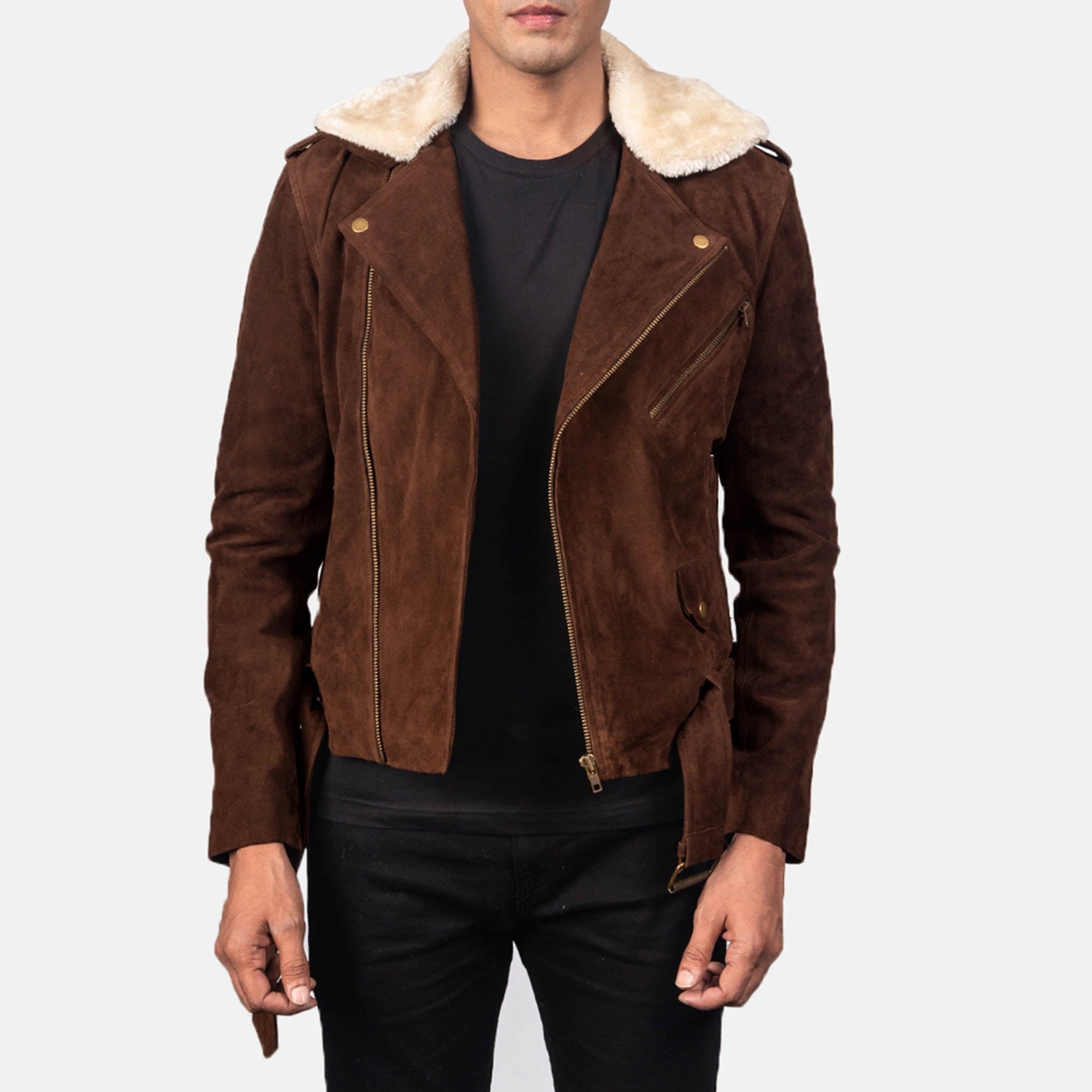 Beckon Brown Suede Leather Biker Jacket – Bold, Shearling Fur Collar