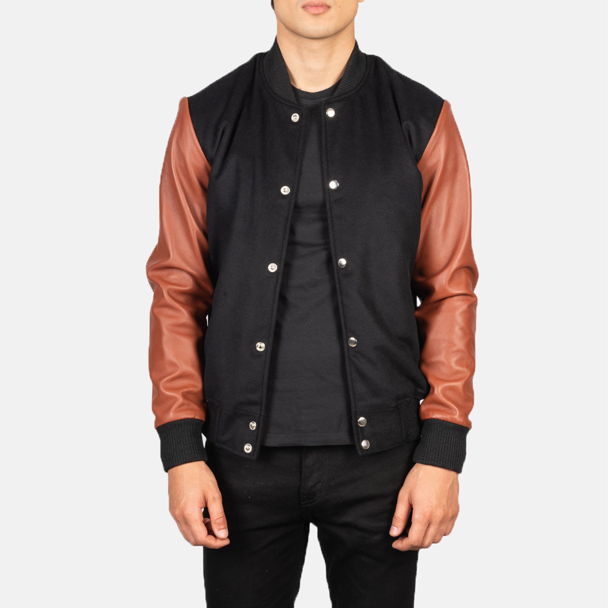 Baxton Hybrid Varsity Jacket – Black Wool & Leather Sleeves Striped Edition