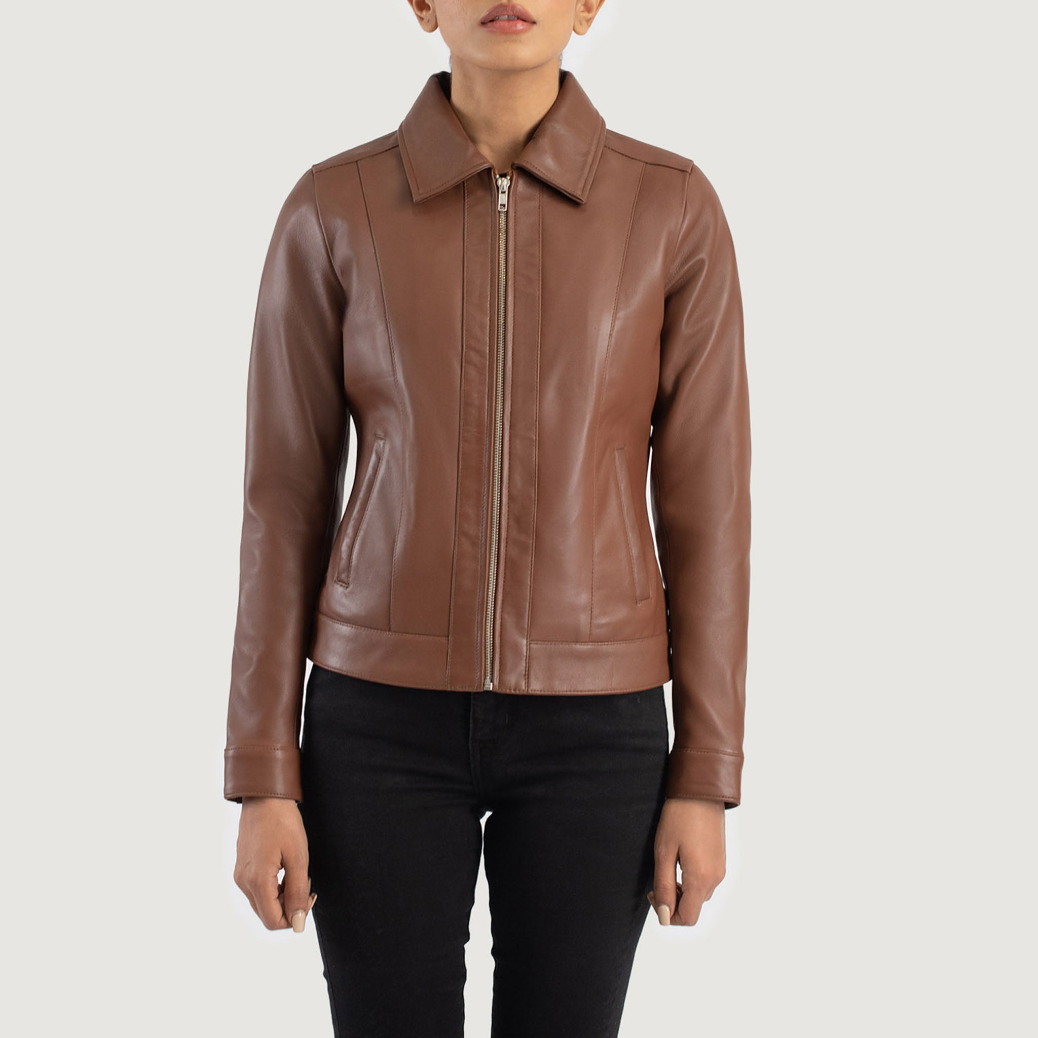 Fury Classic Collar Jacket - Premium Brown Leather Style for Women