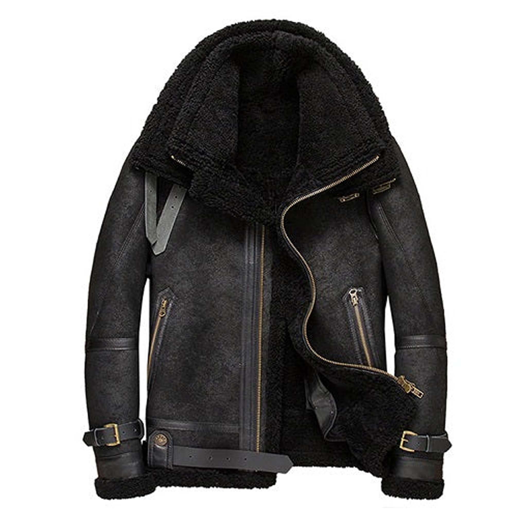 Axel B3 RAF Aviator Bomber Coat - Distressed Black Shearling Double Collar Jacket