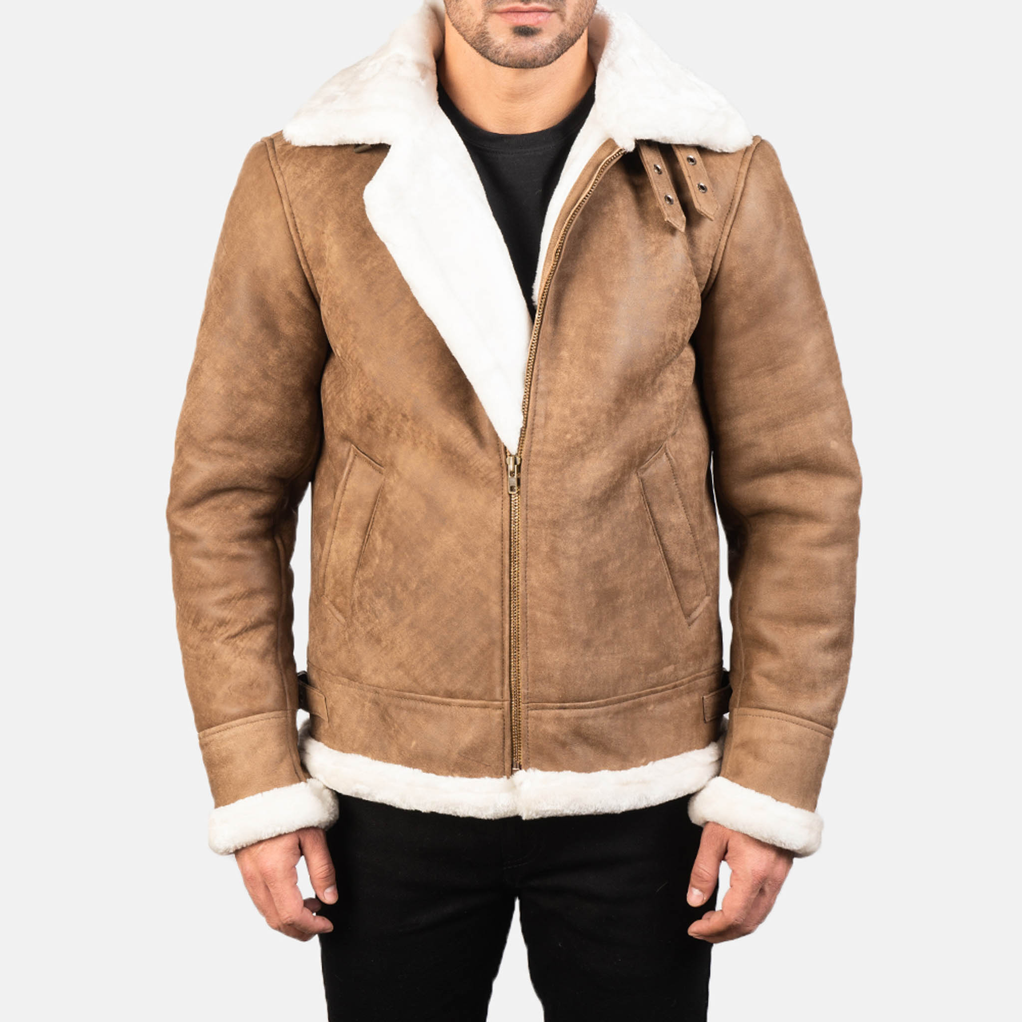 Frances B3 Distressed Leather Jacket – Classic Bomber with Shearling Collar