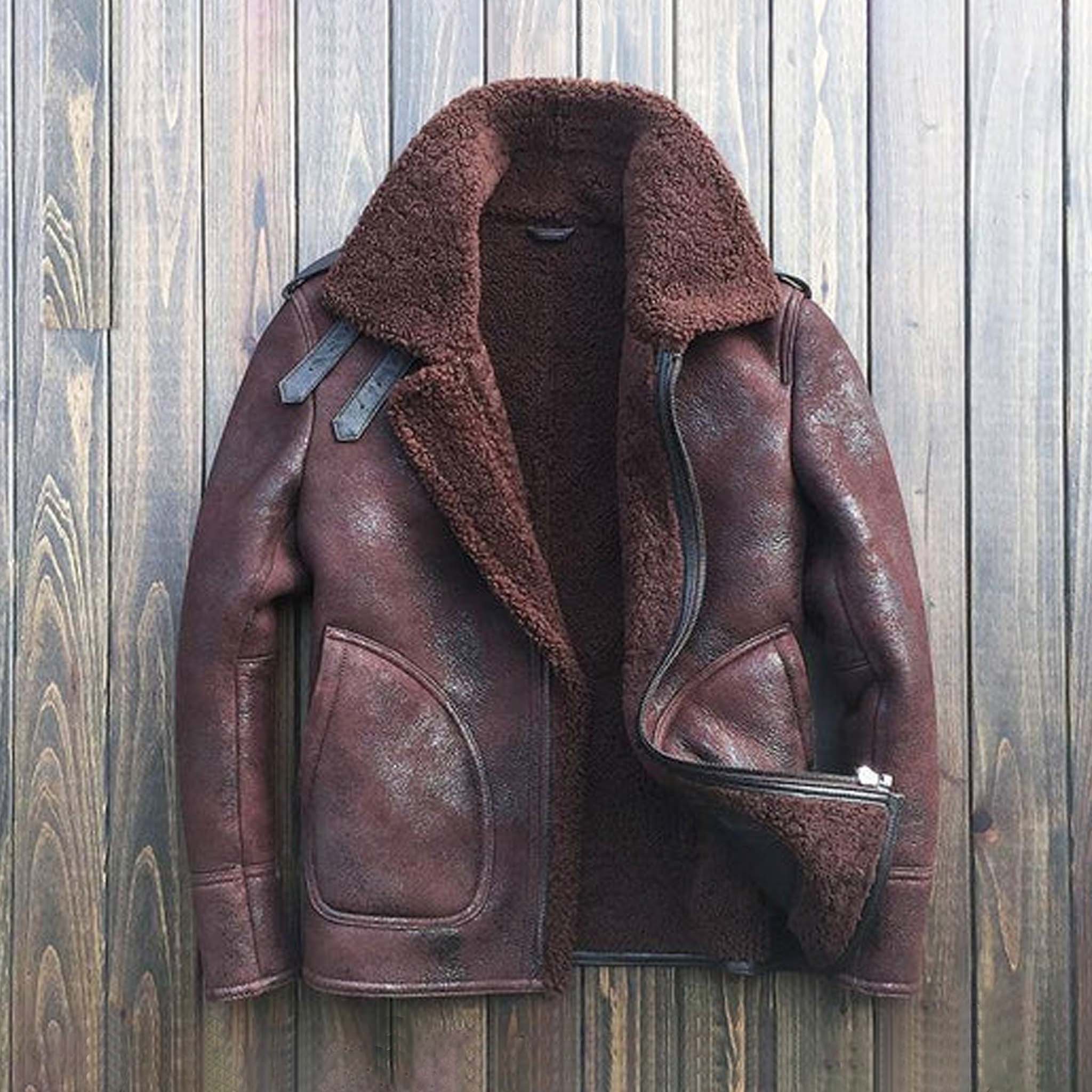 Veyron B3 Bomber Shearling Coat - Distressed Brown Leather Sheepskin Jacket