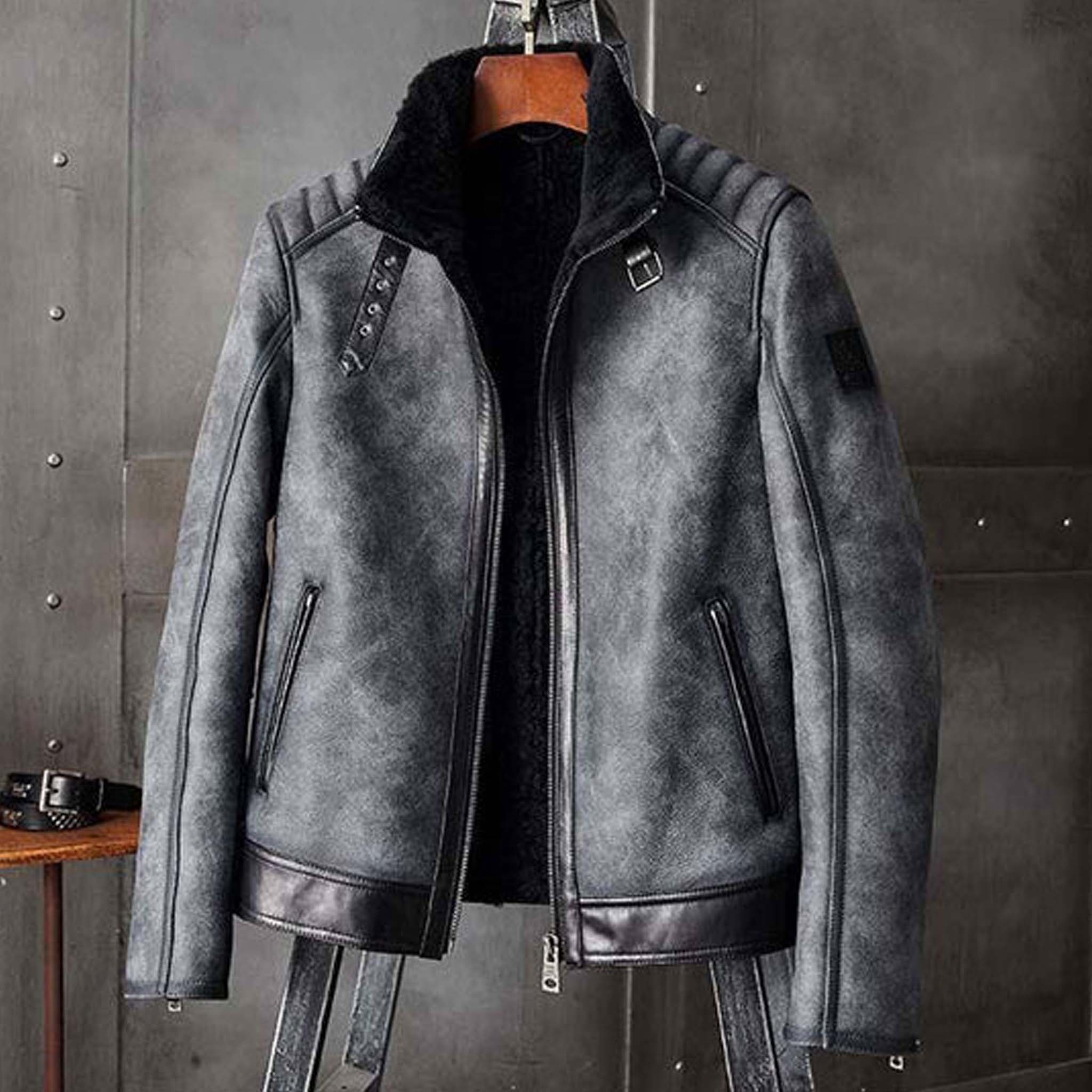 Ferrox B3 Distressed Grey Bomber Jacket - Shearling Leather Biker Coat for Men