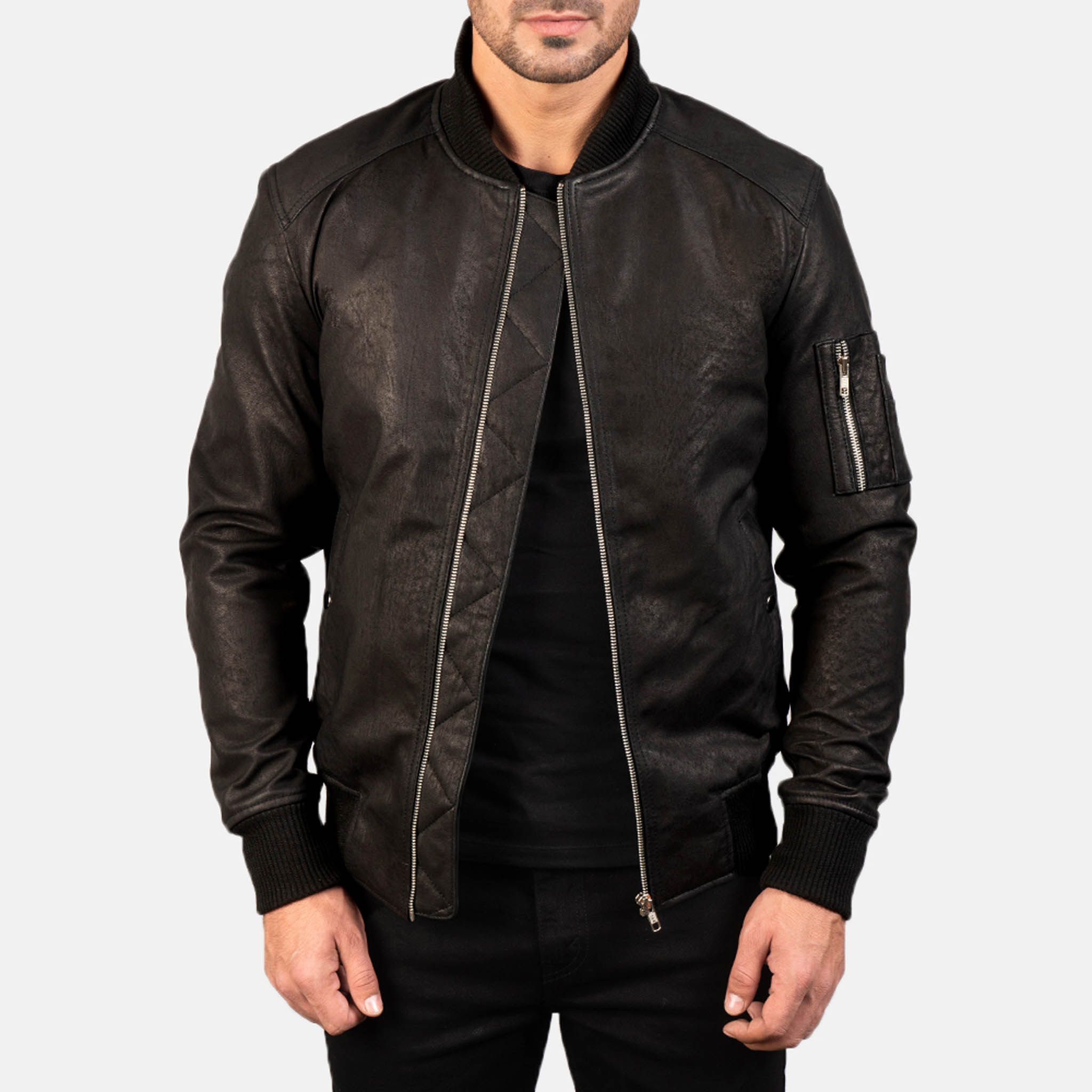 Allora MA-1 Bomber Jacket in Distressed Black Leather – Premium Effortless Style