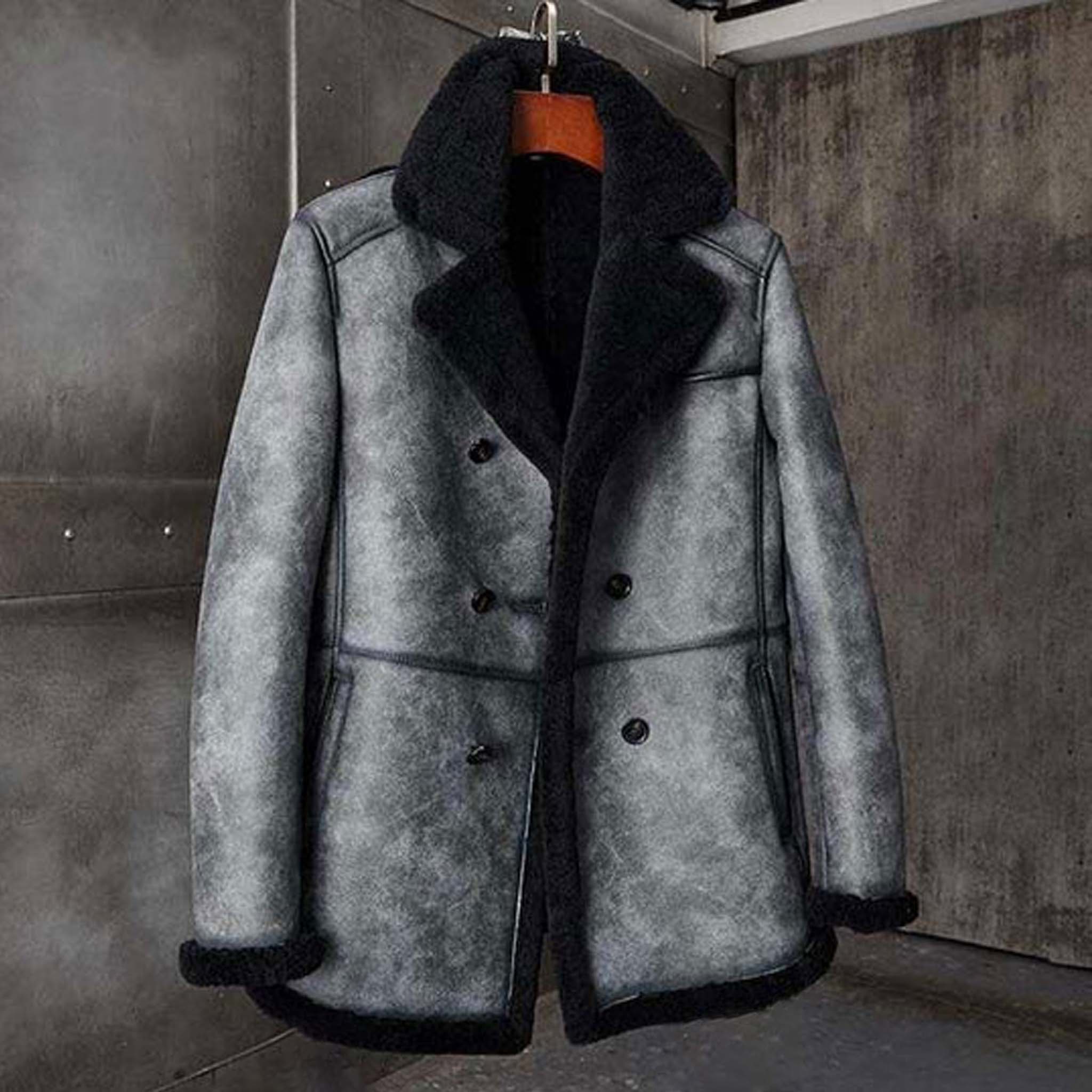 Thryve Distressed Gray Leather Coat - B3 Shearling Long Hunting Overcoat Jacket