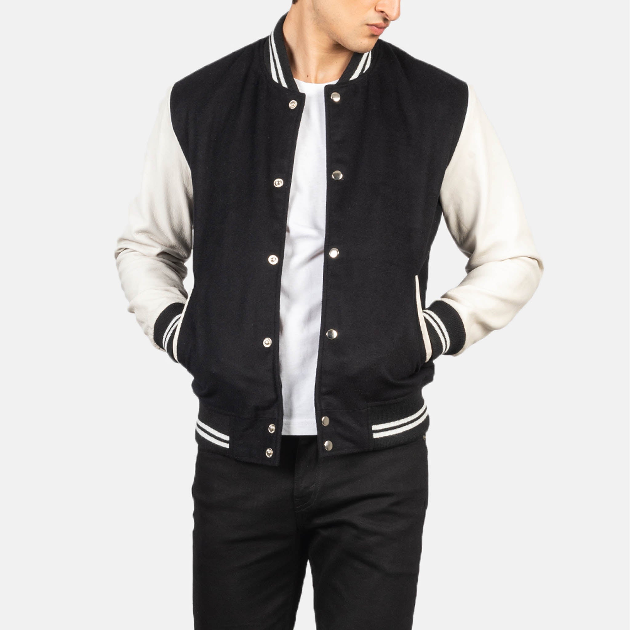 Black Striped Baxton Varsity Jacket – Wool Body with Leather Sleeves Letterman