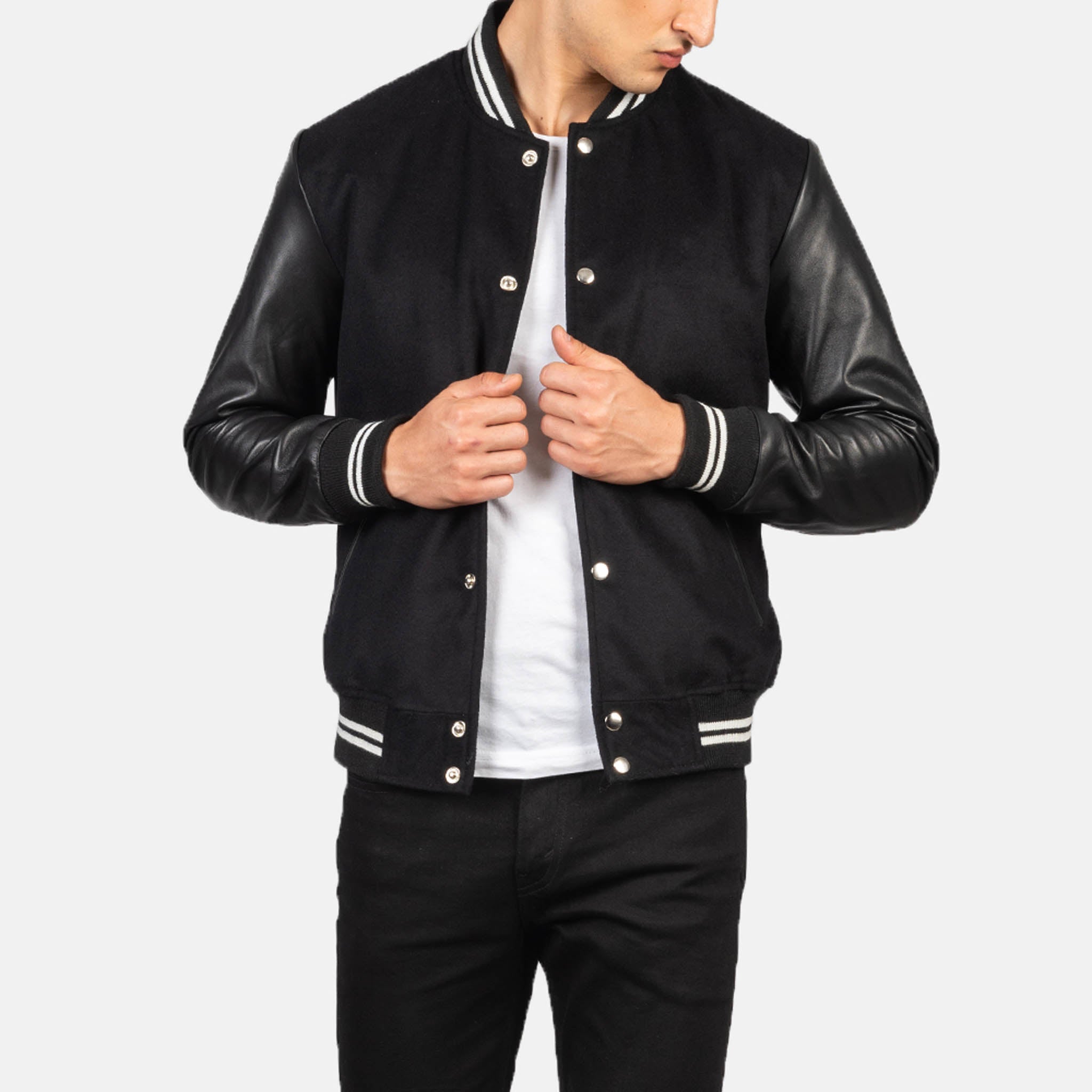 Baxton Varsity Jacket – Premium Black Wool & Leather Sleeves with Stripes