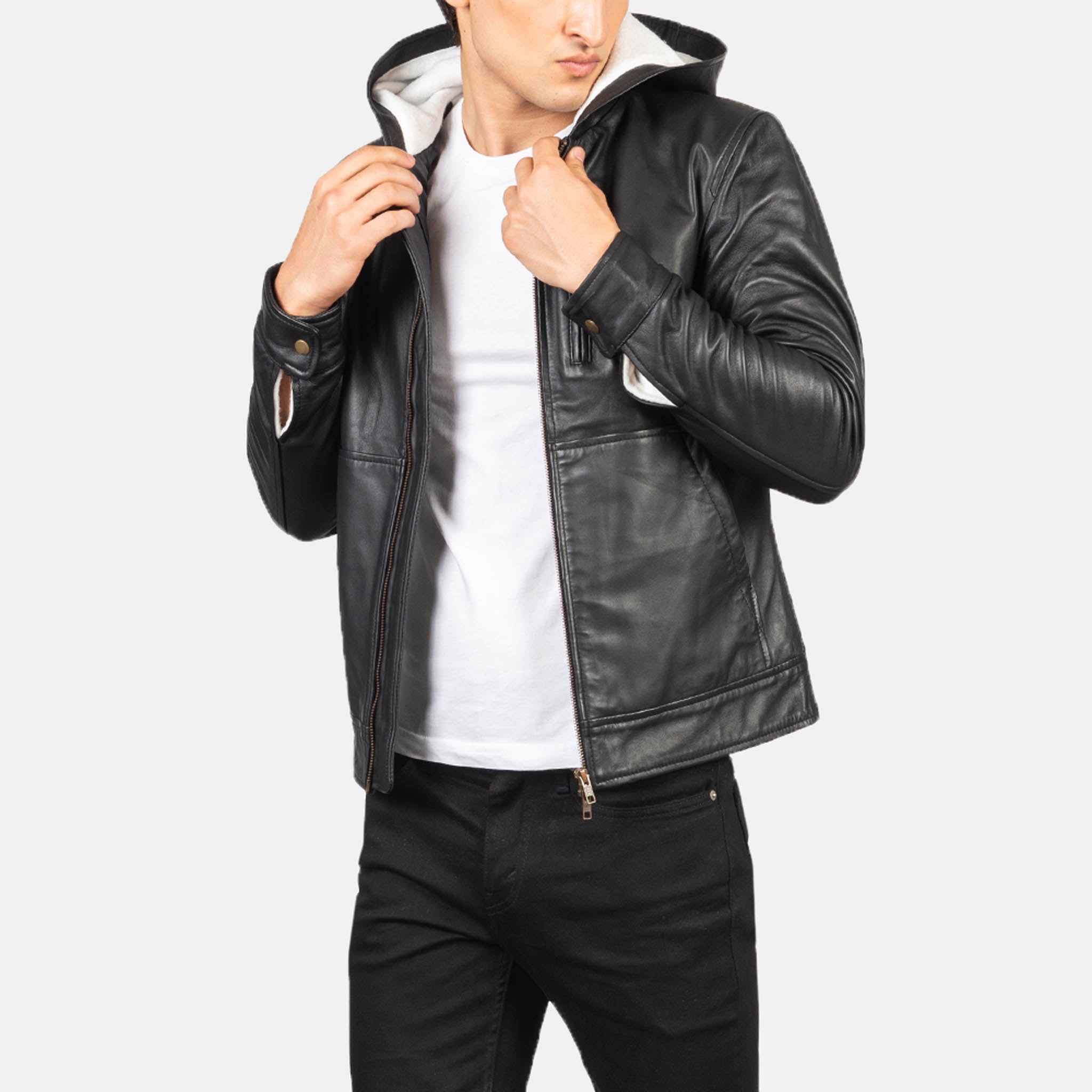 Men's Caston Black Leather Bomber Jacket with Hood – Classic Style