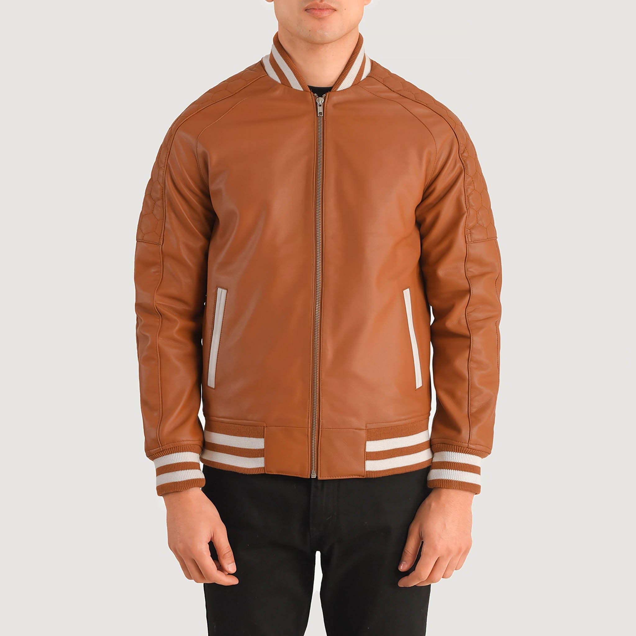 Felix Varsity Jacket in Genuine Gold Brown Leather – Perfect for Custom Embroidery