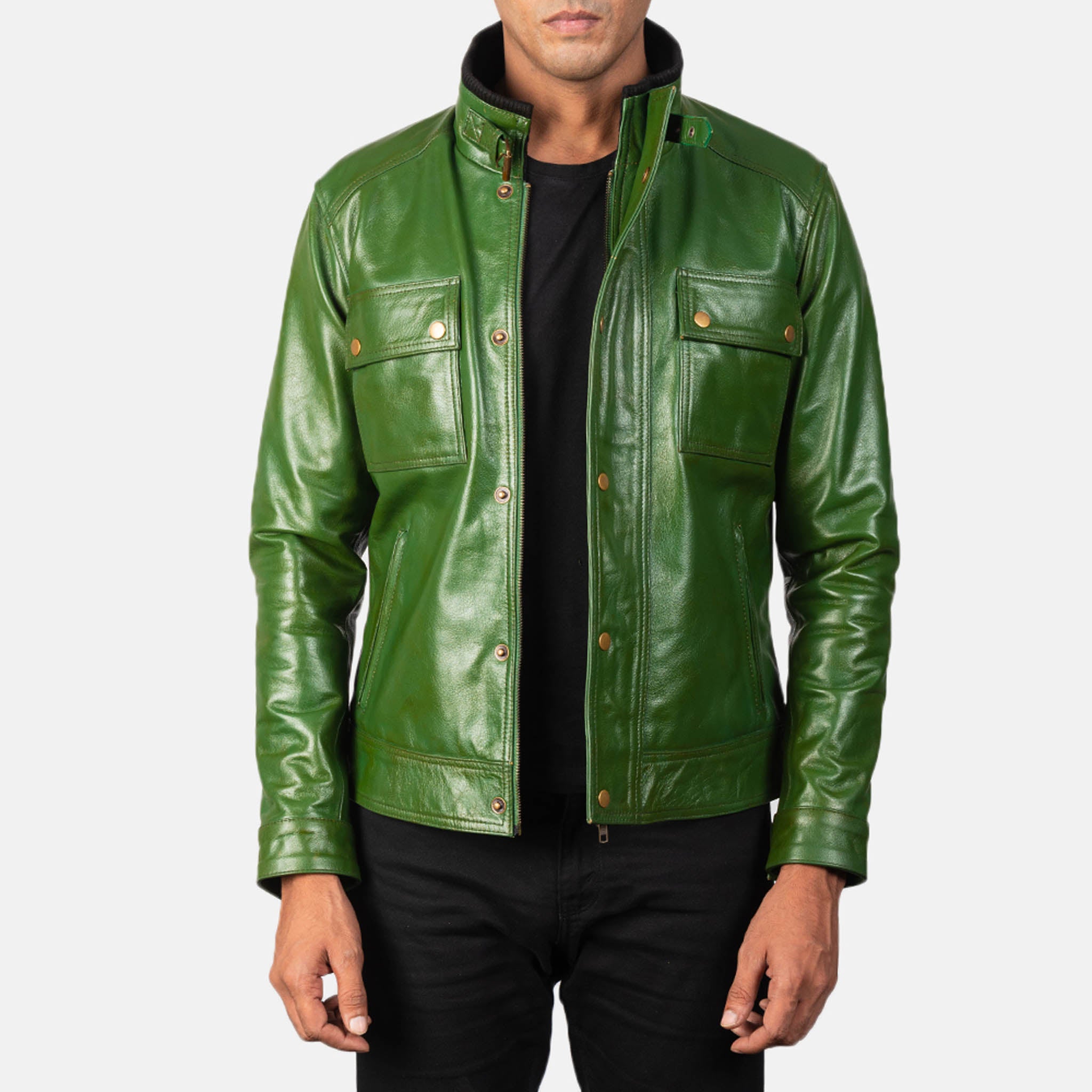 Maverick Distressed Green Leather Jacket – Sleek, Customizable Biker Wear