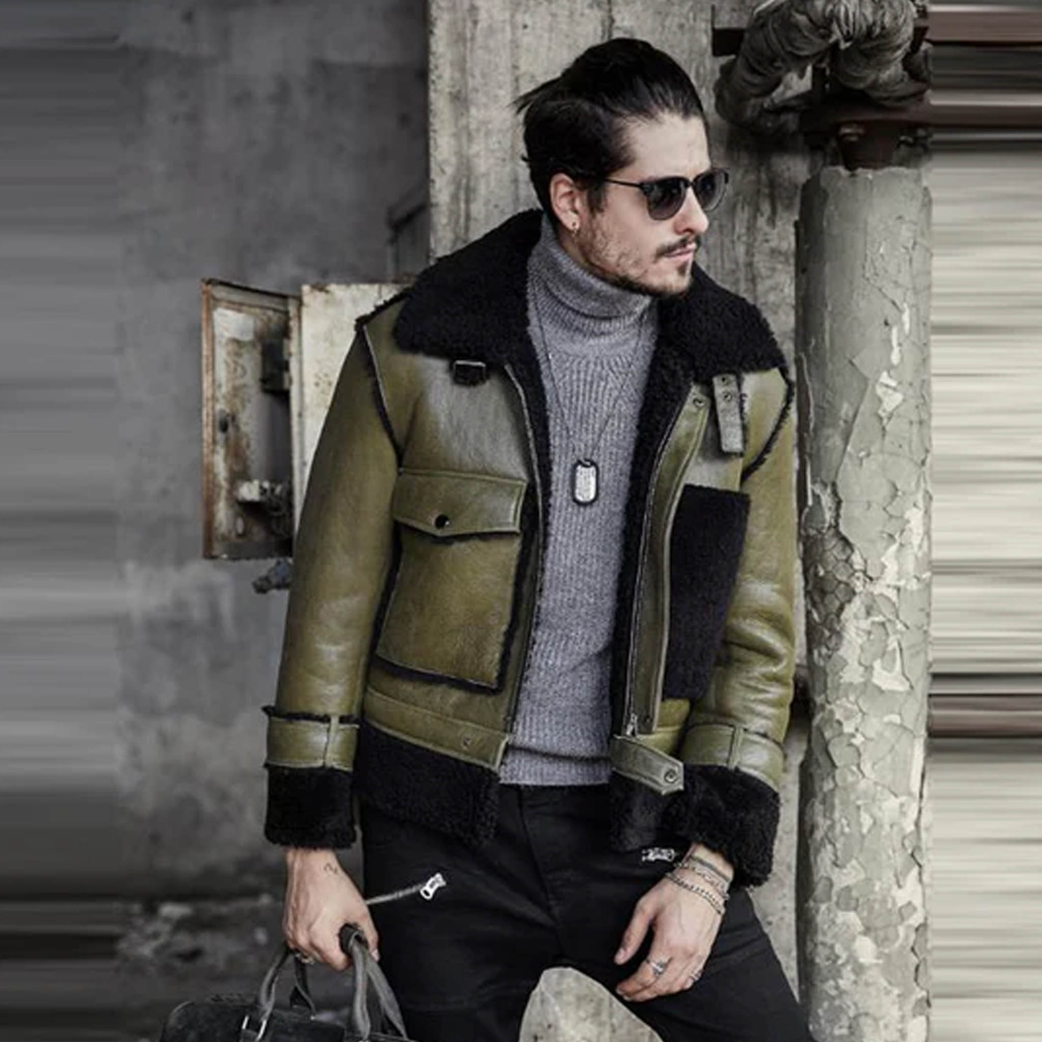 Men's RAF Pilot Flying Jacket - Green Sheepskin Shearling Aviator Leather Coat