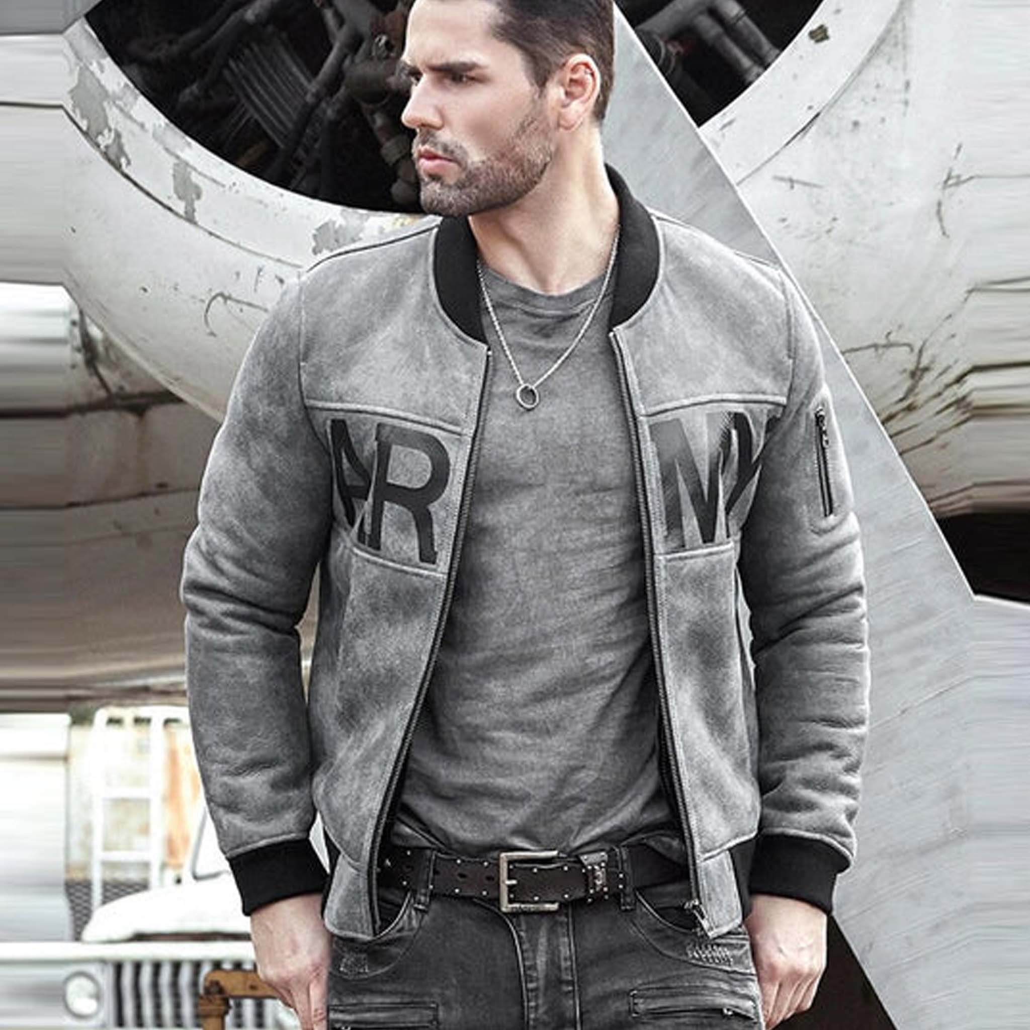 Onyx Men’s Grey Sheepskin Varsity Jacket - Army-Inspired Bomber Classic Style