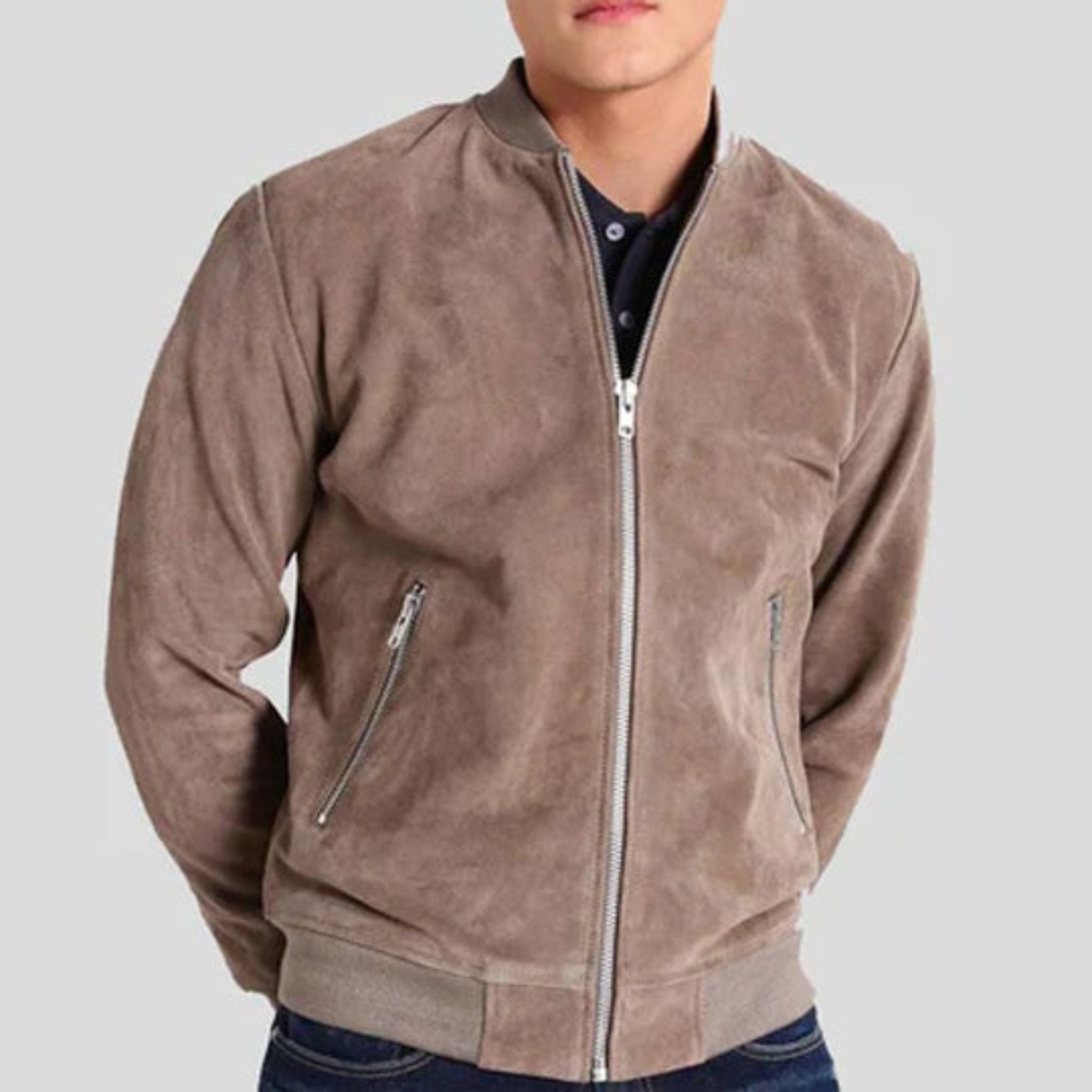 Eveny Grey Suede Bomber Leather Jacket