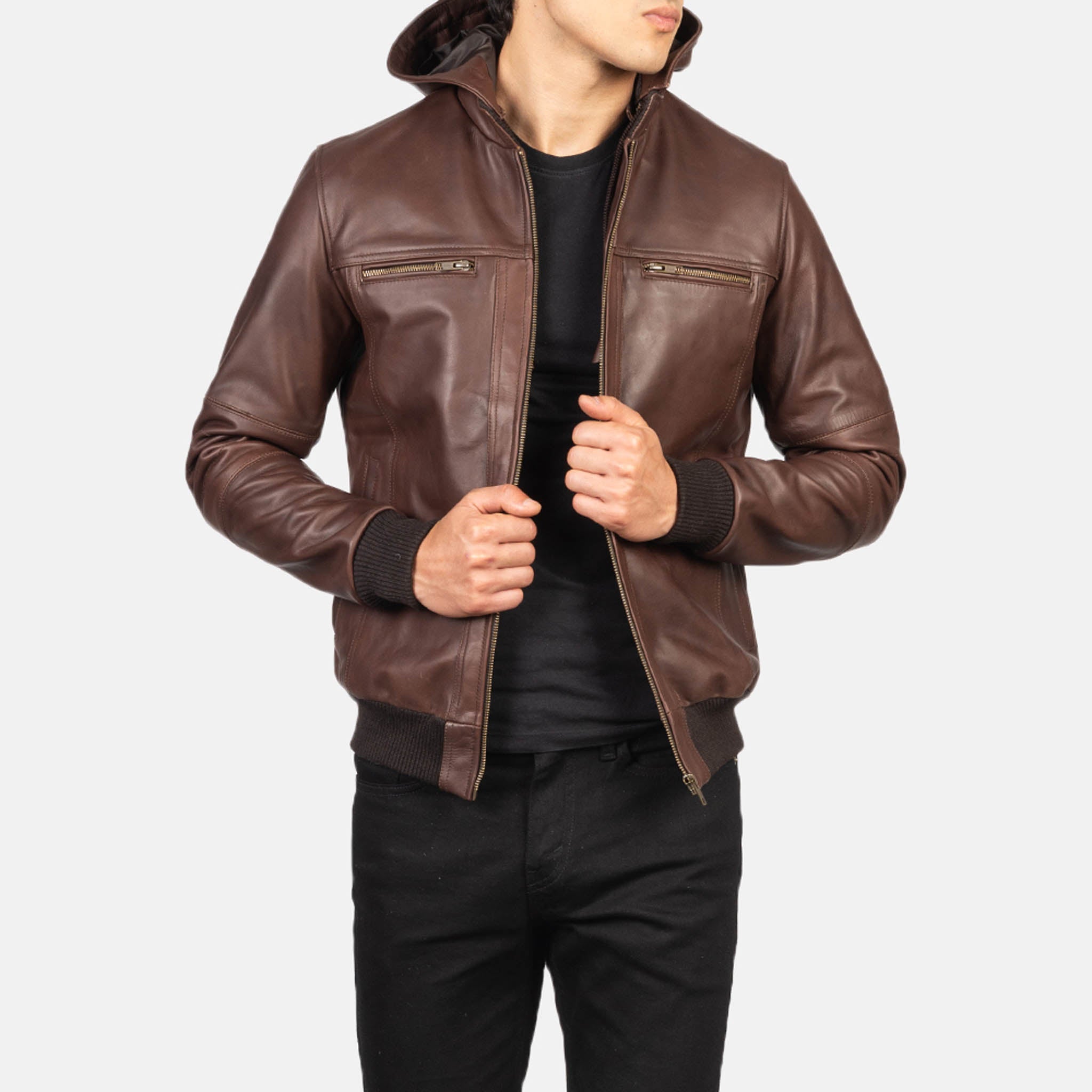 Boaster Brown Leather Bomber Jacket with Hood – Classic Design