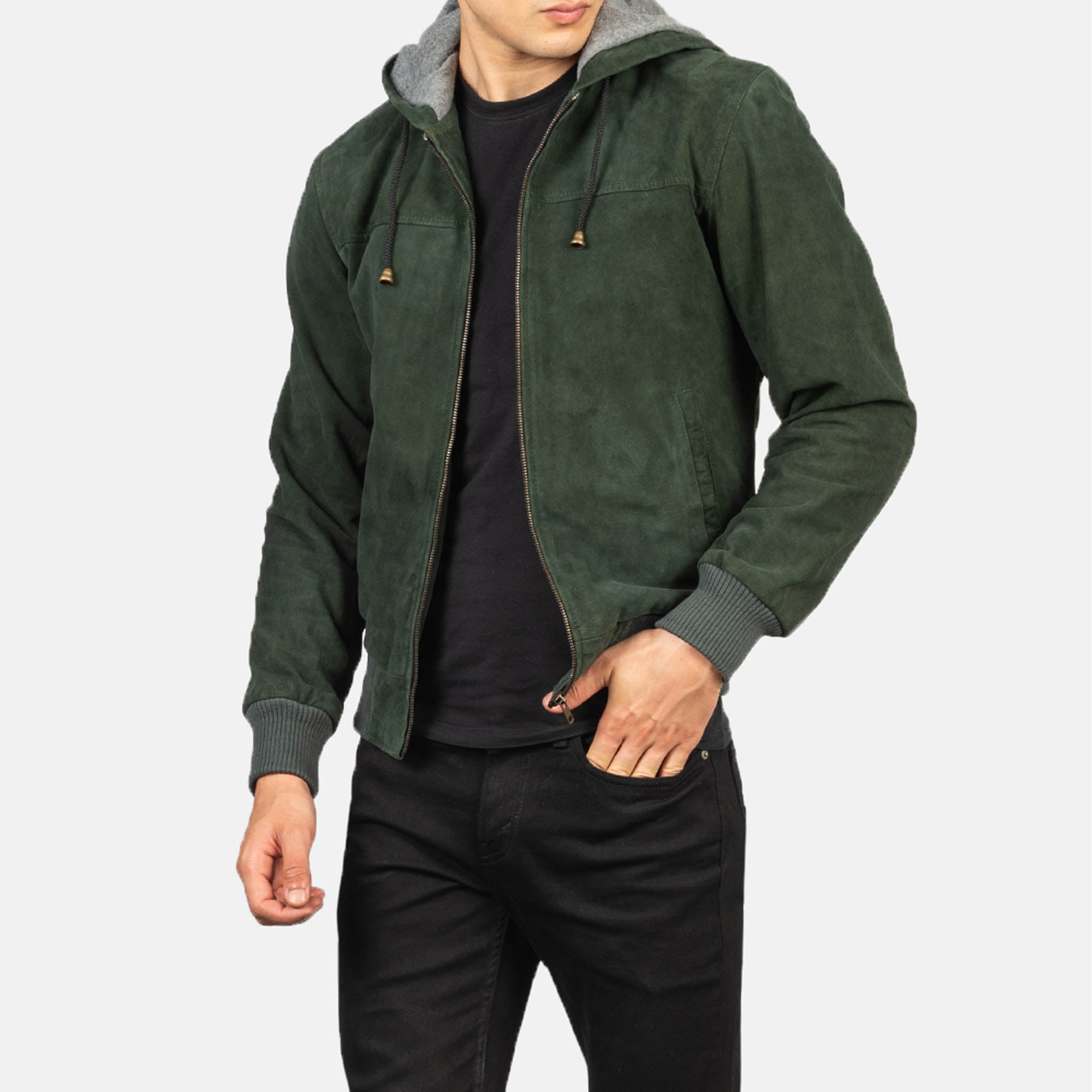 Nintend Green Hooded Bomber Jacket – Premium Suede Leather and Urban Design