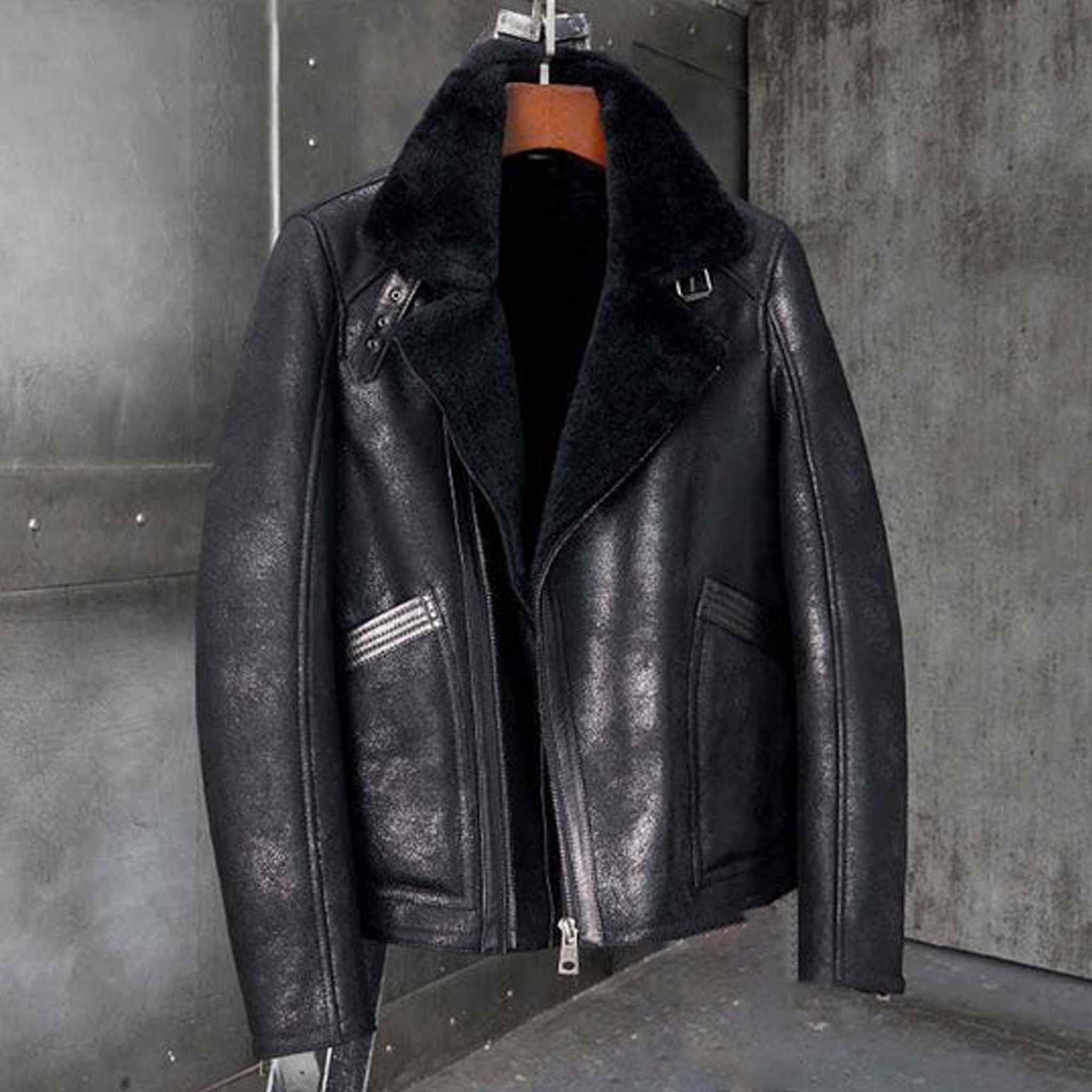 Handmade - Men's B3 Bomber Black Shearling Fur Coat - store RAF Bomber Flying Pilot Sheepskin Aviator Shearling Coat - Real Sheepskin Men's Coat