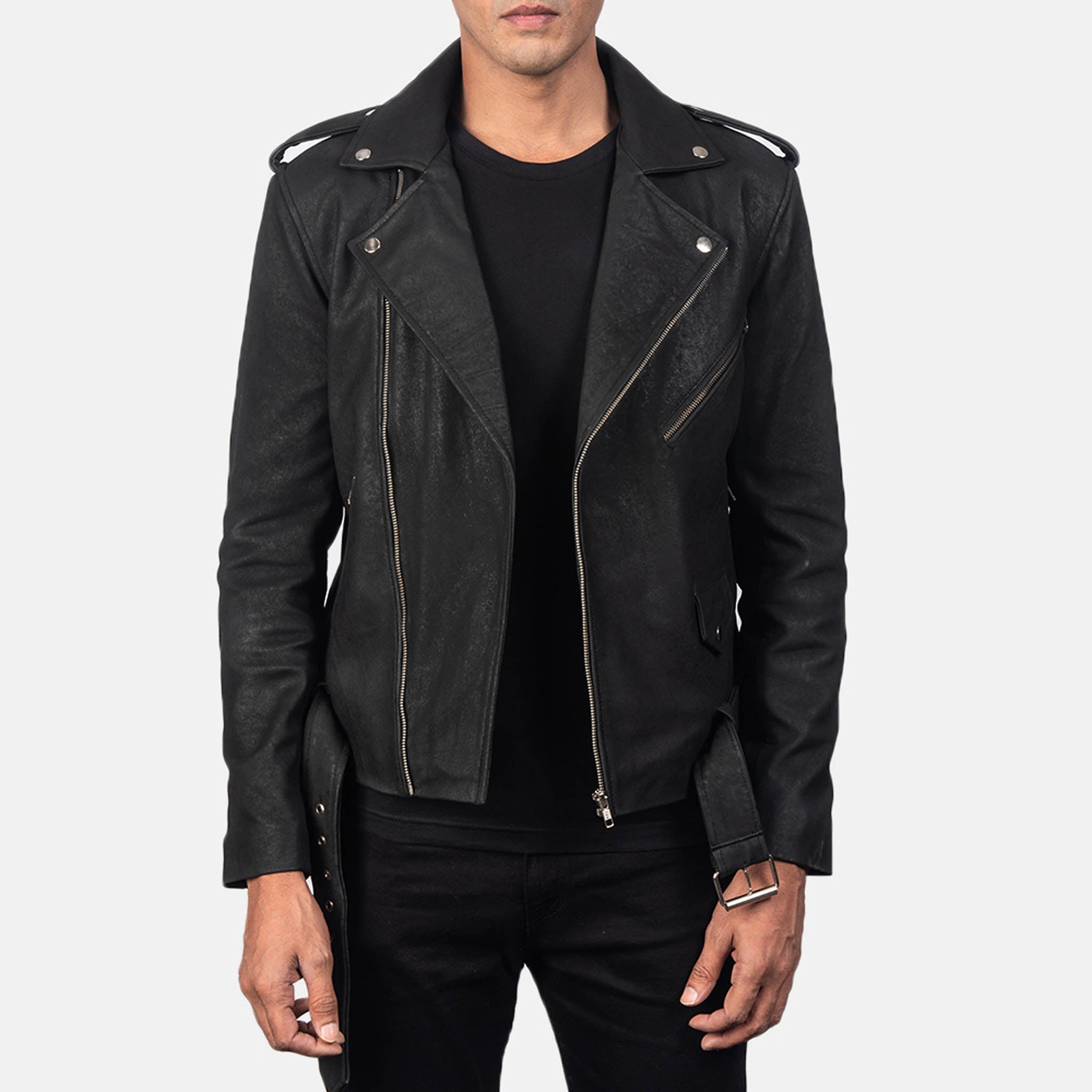 Legendary Distressed Black Leather Biker Jacket – Premium Style for Riders