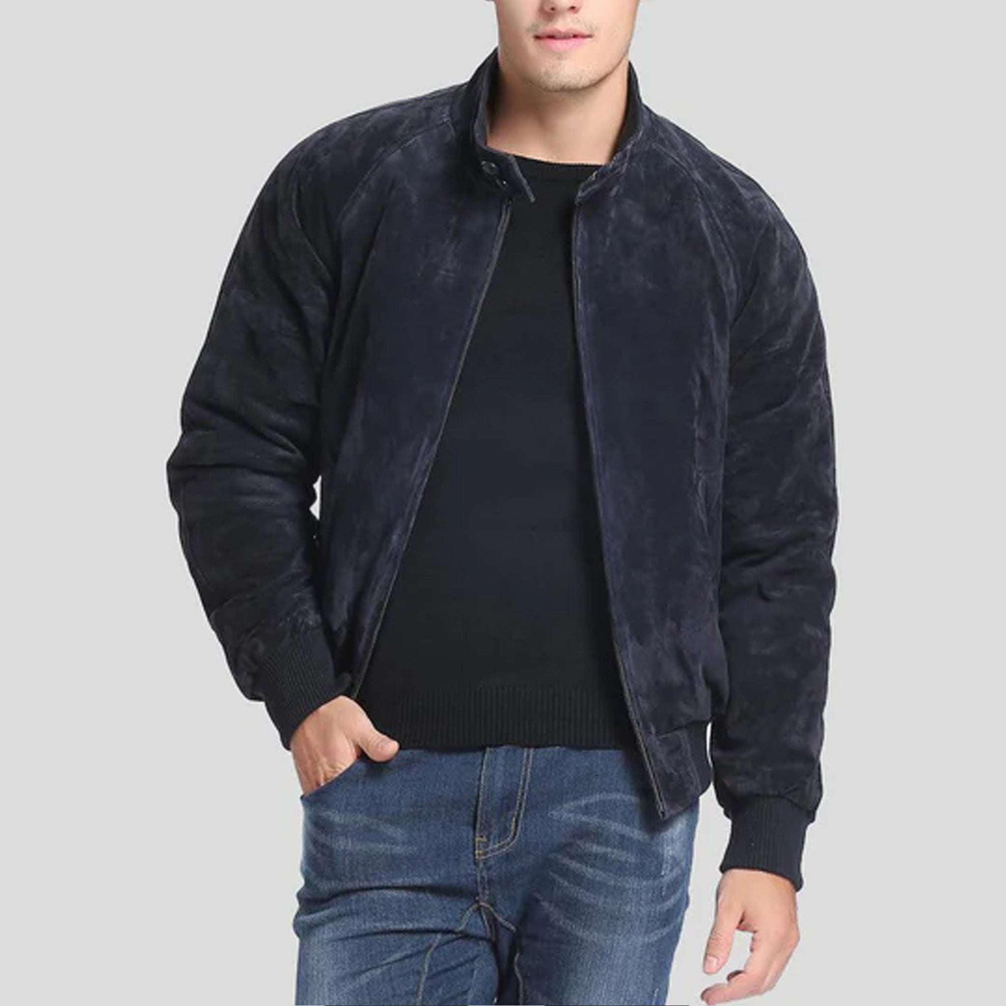 Sovereign Navy Blue Suede Leather Bomber Jacket